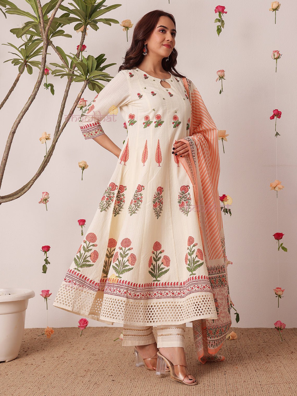 Bagh Hand Block 3 Piece Anarkali Stitched Suit Set with Handwork - Chowkhat Lifestyle