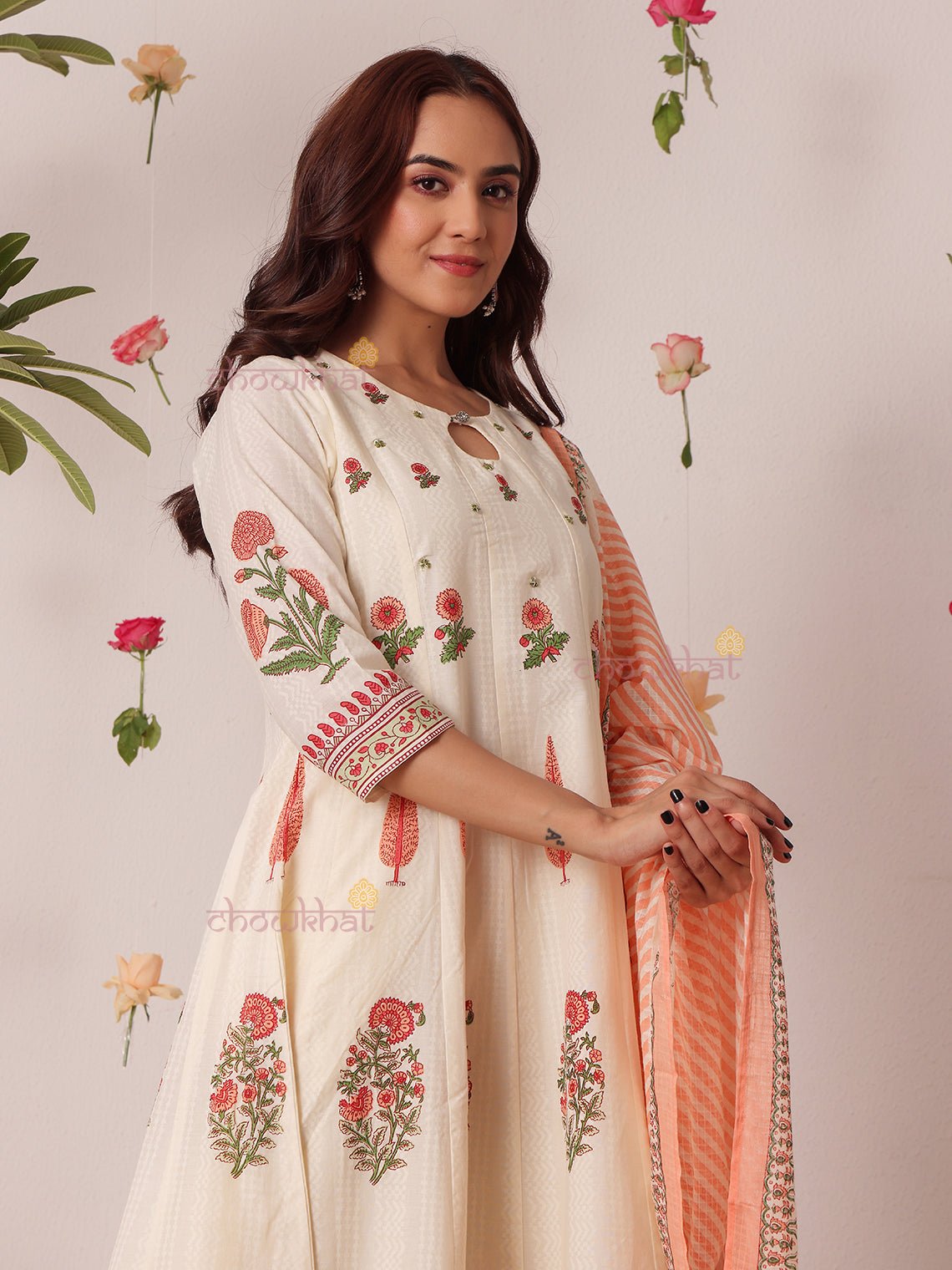 Bagh Hand Block 3 Piece Anarkali Stitched Suit Set with Handwork - Chowkhat Lifestyle