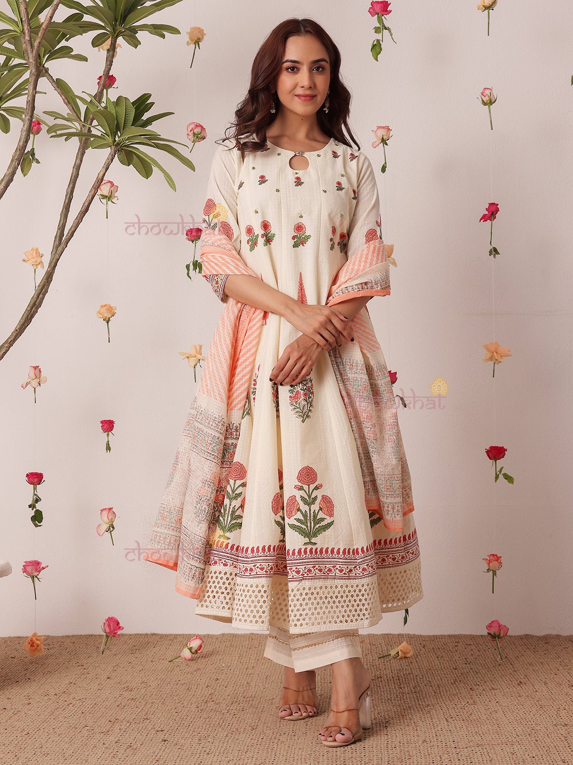 Bagh Hand Block 3 Piece Anarkali Stitched Suit Set with Handwork - Chowkhat Lifestyle