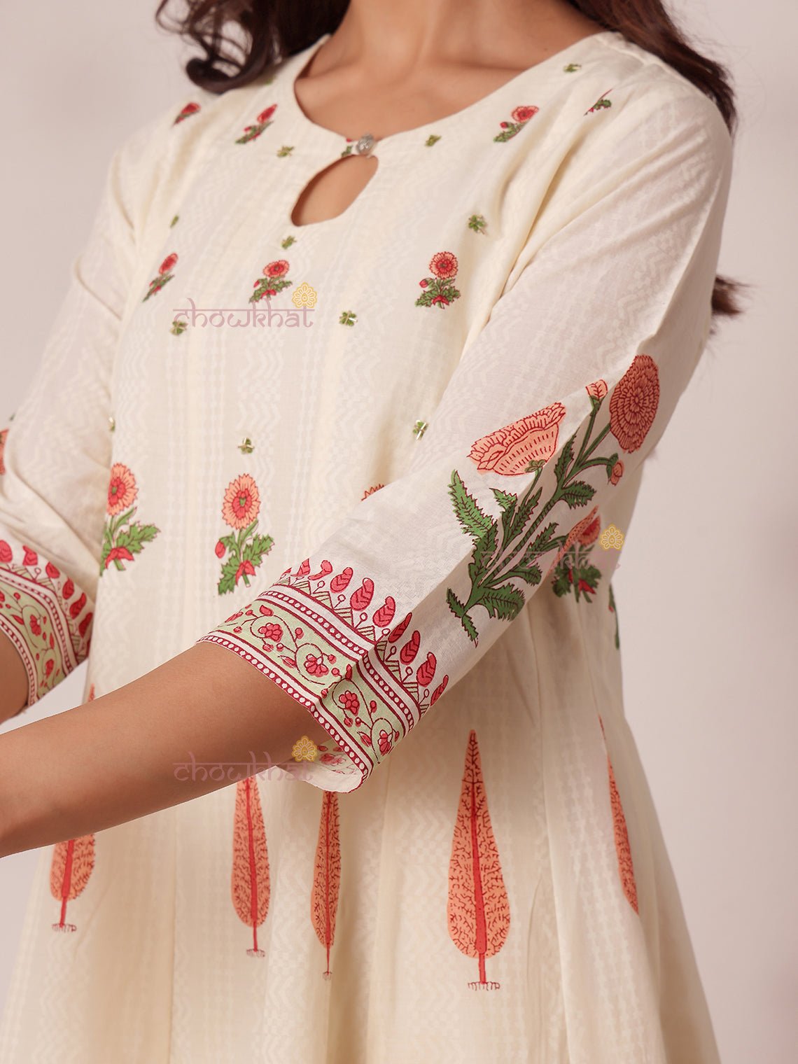 Bagh Hand Block 3 Piece Anarkali Stitched Suit Set with Handwork - Chowkhat Lifestyle
