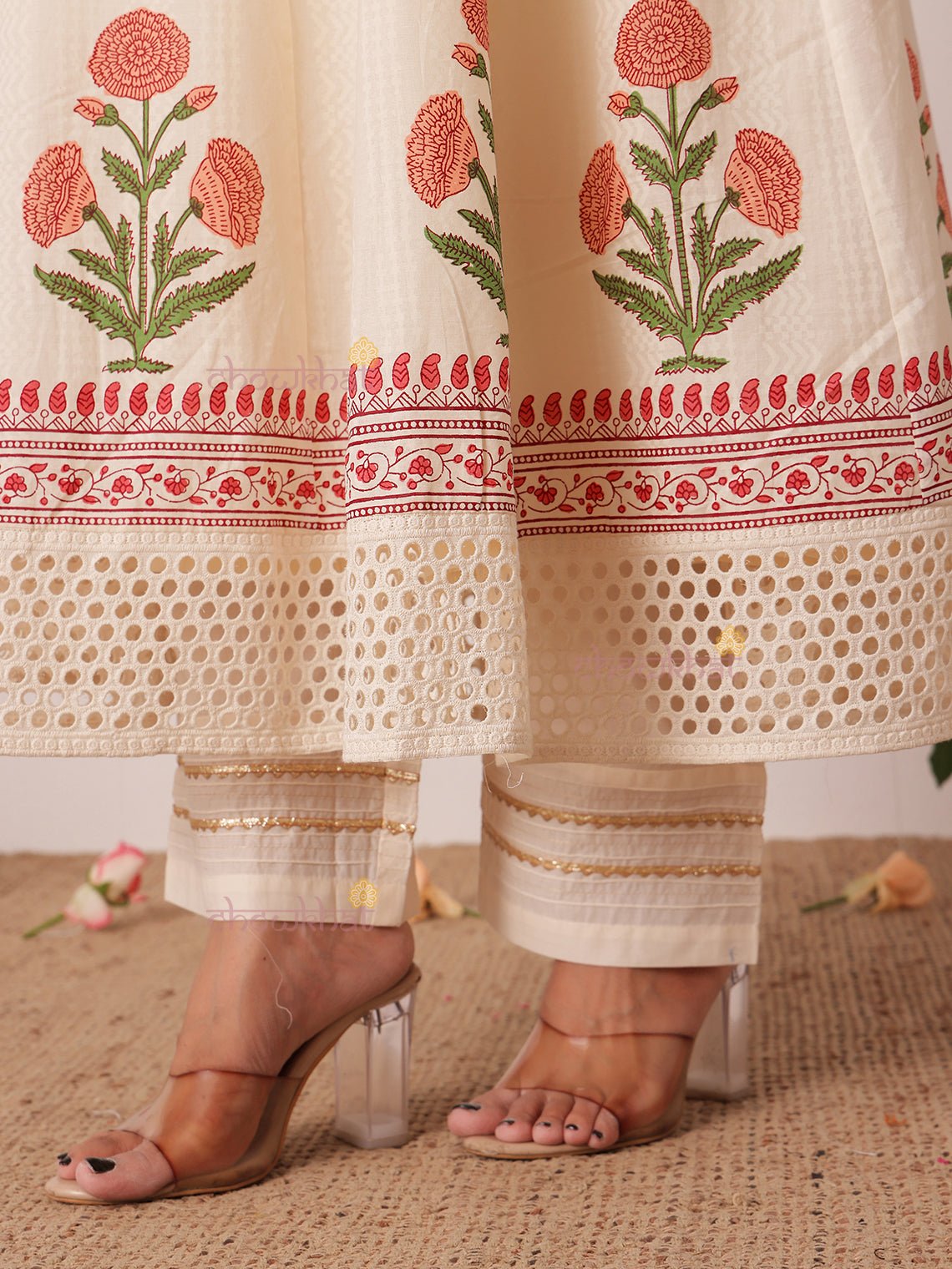 Bagh Hand Block 3 Piece Anarkali Stitched Suit Set with Handwork - Chowkhat Lifestyle