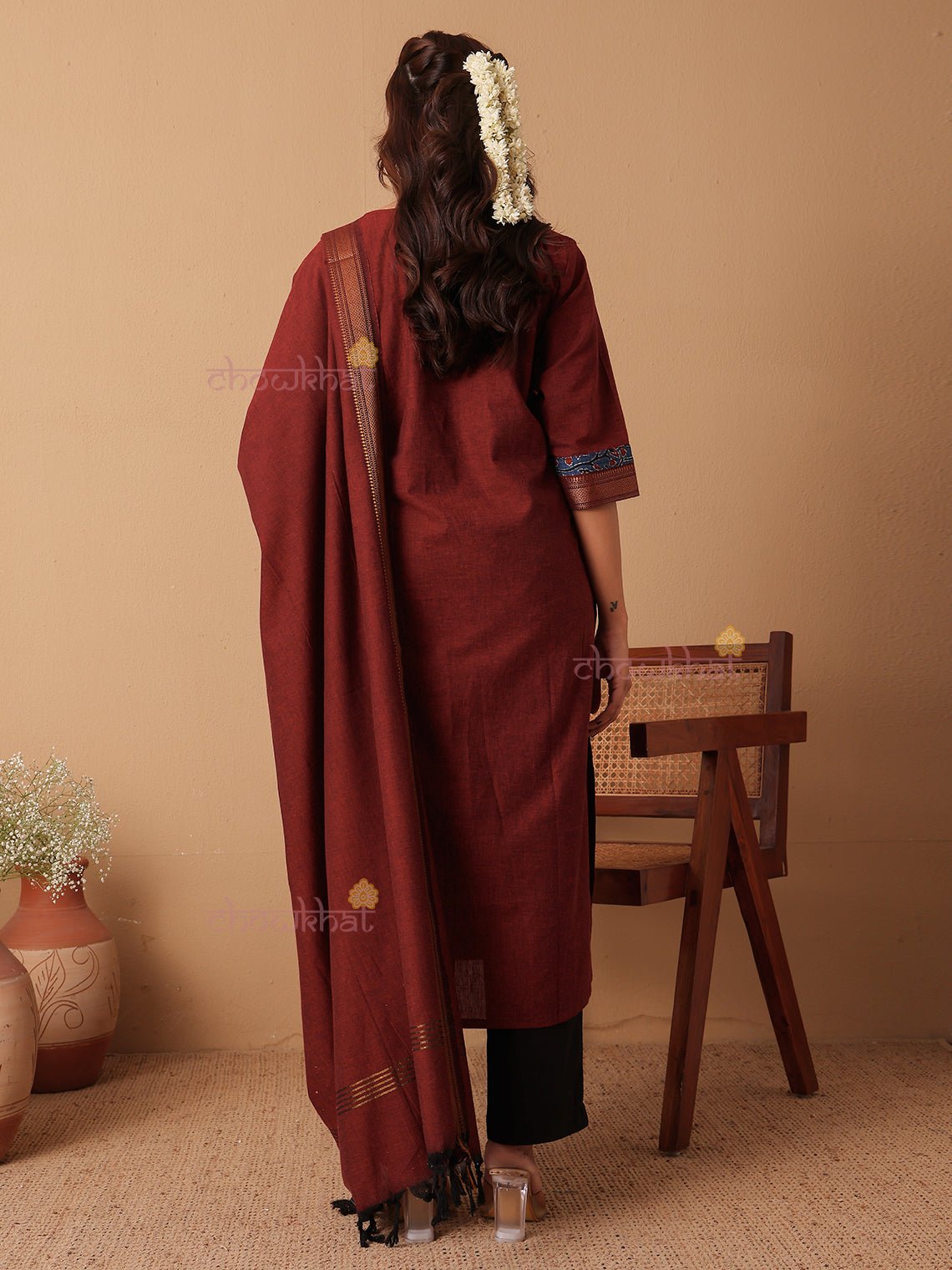 Aviva Handloom Cotton 3 Piece Stitched Suit Set with hand block & Handwork - Chowkhat Lifestyle