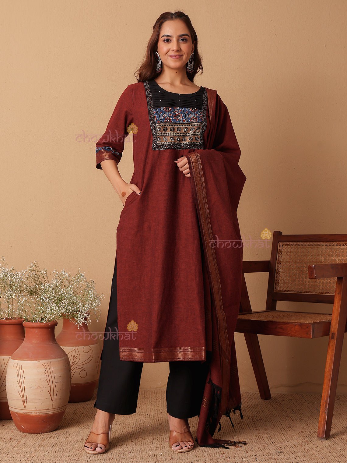 Aviva Handloom Cotton 3 Piece Stitched Suit Set with hand block & Handwork - Chowkhat Lifestyle