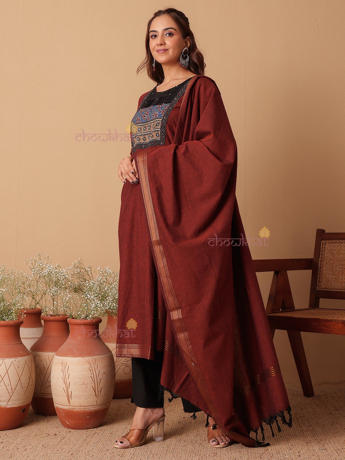 Aviva Handloom Cotton 3 Piece Stitched Suit Set with hand block & Handwork - Chowkhat Lifestyle