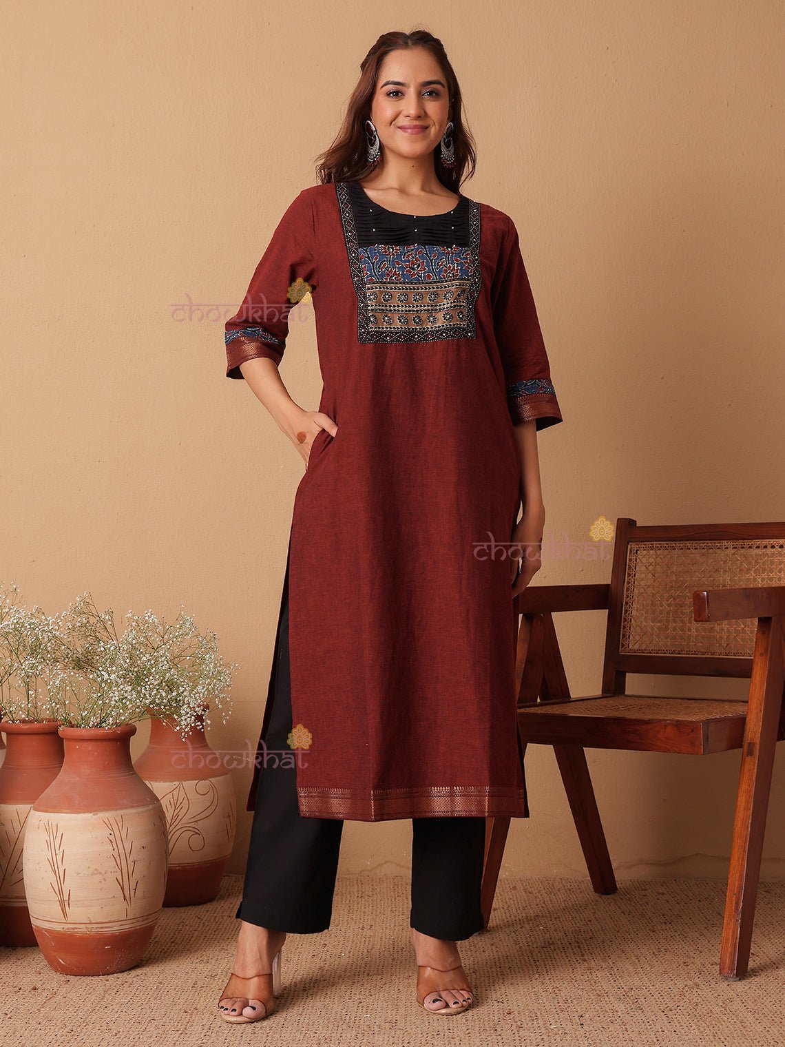 Aviva Handloom Cotton 3 Piece Stitched Suit Set with hand block & Handwork - Chowkhat Lifestyle