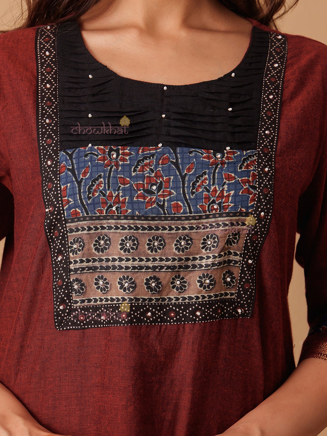 Aviva Handloom Cotton 3 Piece Stitched Suit Set with hand block & Handwork - Chowkhat Lifestyle
