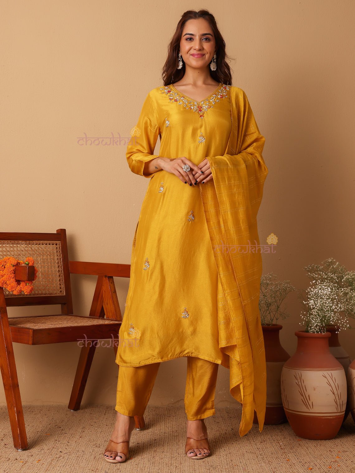 Anaisha Premium Silk 3 Piece Stitched Suit Set with Handwork - Chowkhat Lifestyle