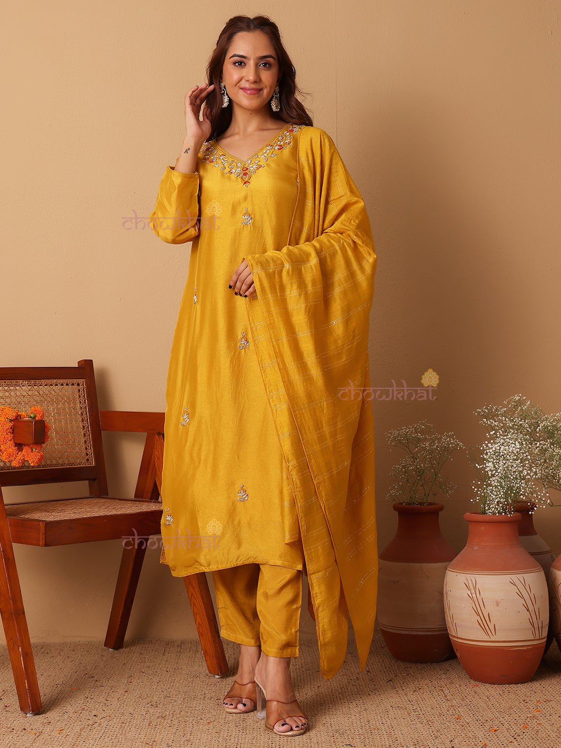 Anaisha Premium Silk 3 Piece Stitched Suit Set with Handwork - Chowkhat Lifestyle