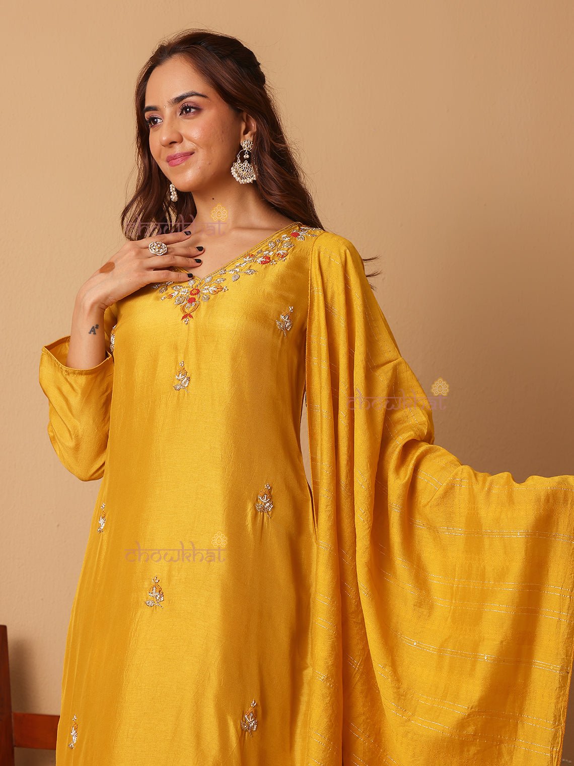 Anaisha Premium Silk 3 Piece Stitched Suit Set with Handwork - Chowkhat Lifestyle