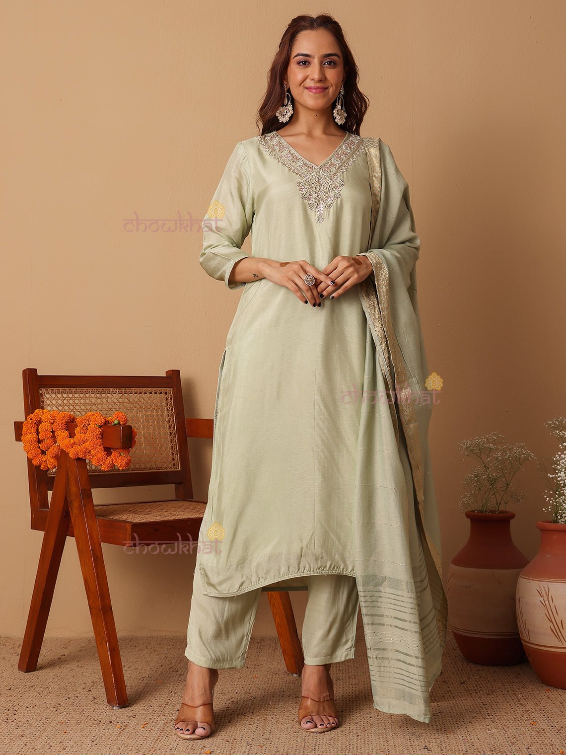 Tashi Premium Silk 3 Piece Stitched Suit Set Handwork - Chowkhat Lifestyle