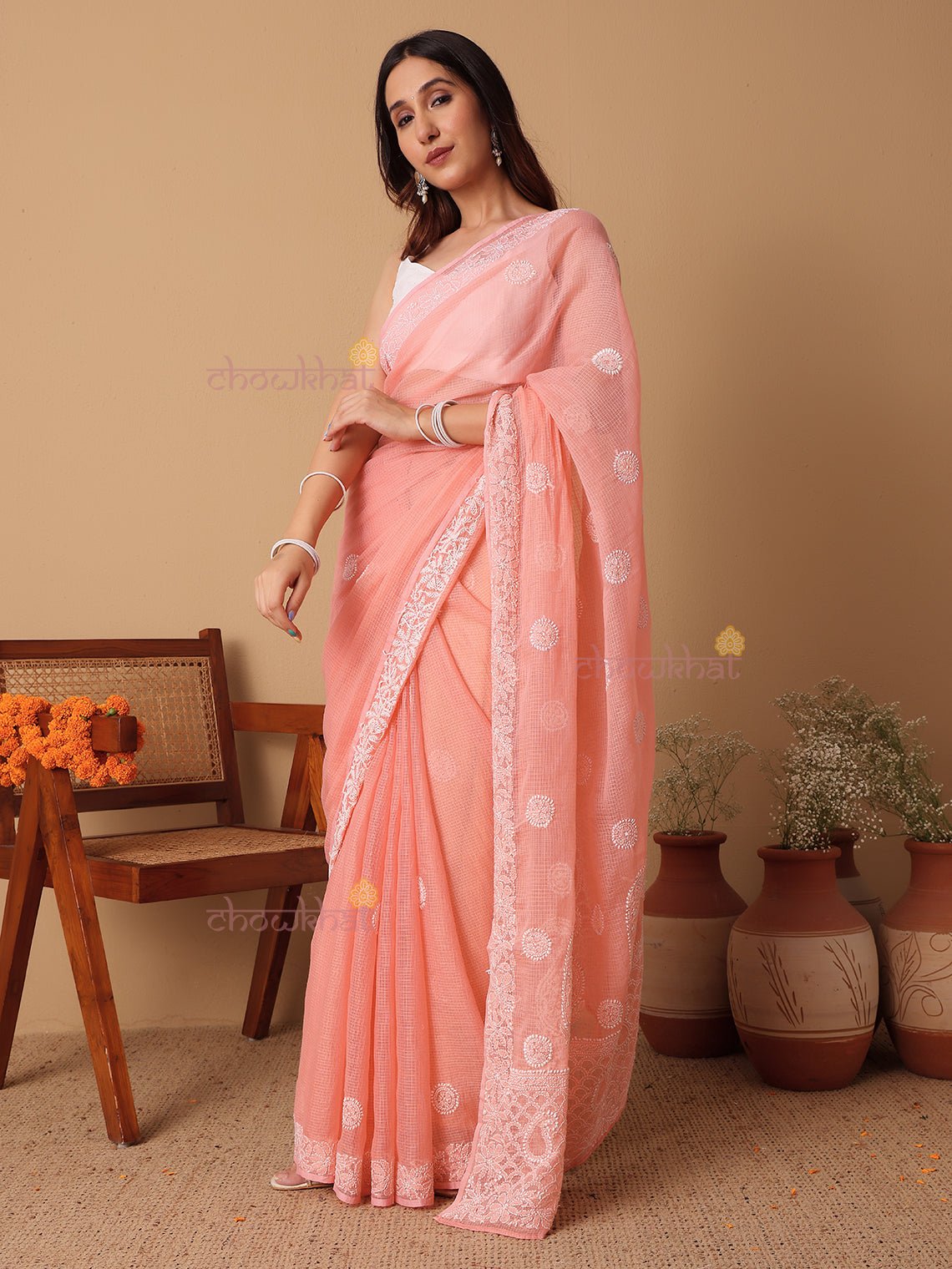 Suhana Kota Doria Hand Embroidered Chikankari Saree - Chowkhat Lifestyle