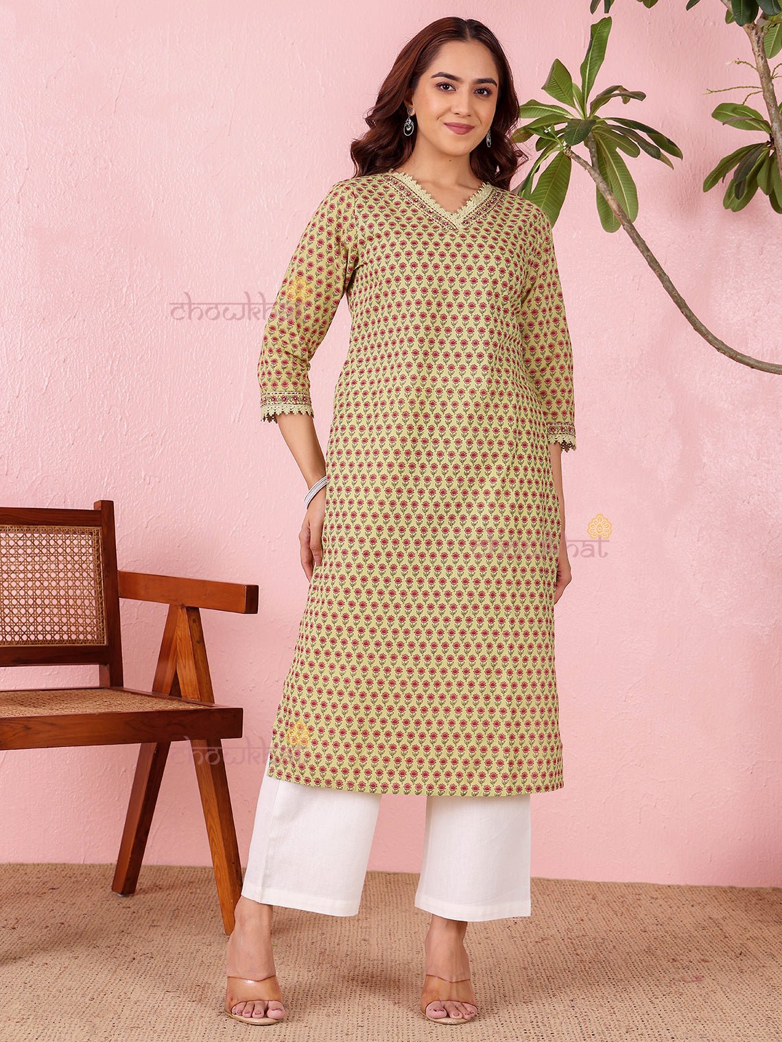 Vedika Cotton Hand Printed Straight Kurti With Handwork - Chowkhat Lifestyle
