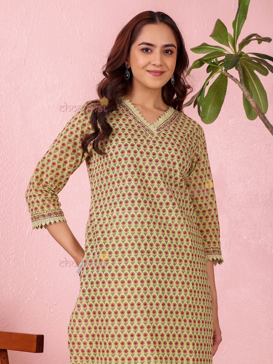 Vedika Cotton Hand Printed Straight Kurti With Handwork - Chowkhat Lifestyle