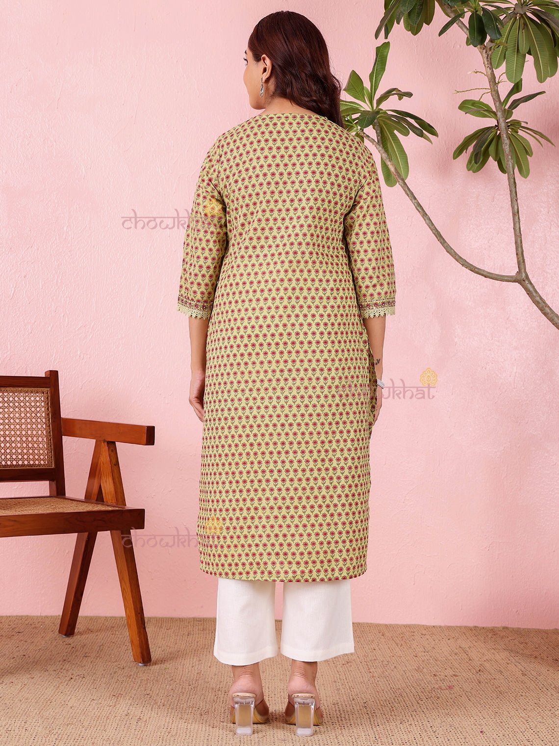 Vedika Cotton Hand Printed Straight Kurti With Handwork - Chowkhat Lifestyle