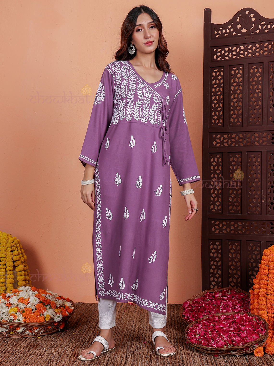 Eshana Angrakha Rayon Chikankari Kurti - Chowkhat Lifestyle