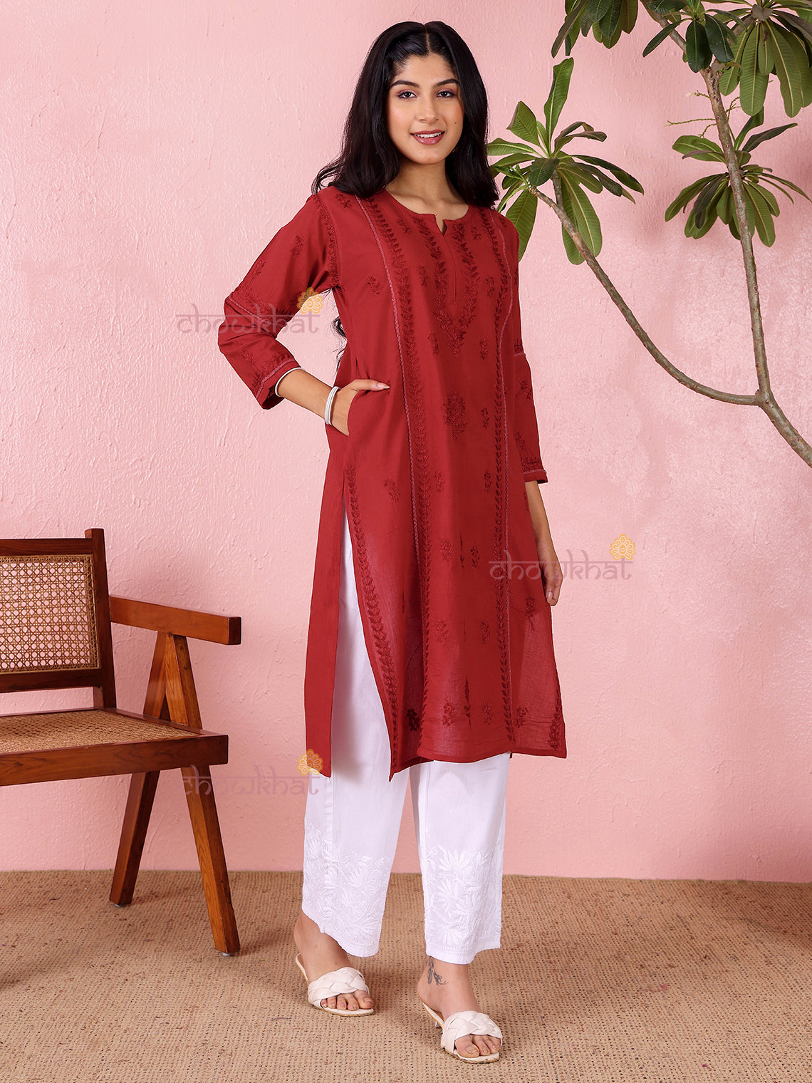 Anaya Cotton Straight Long Chikankari Kurti