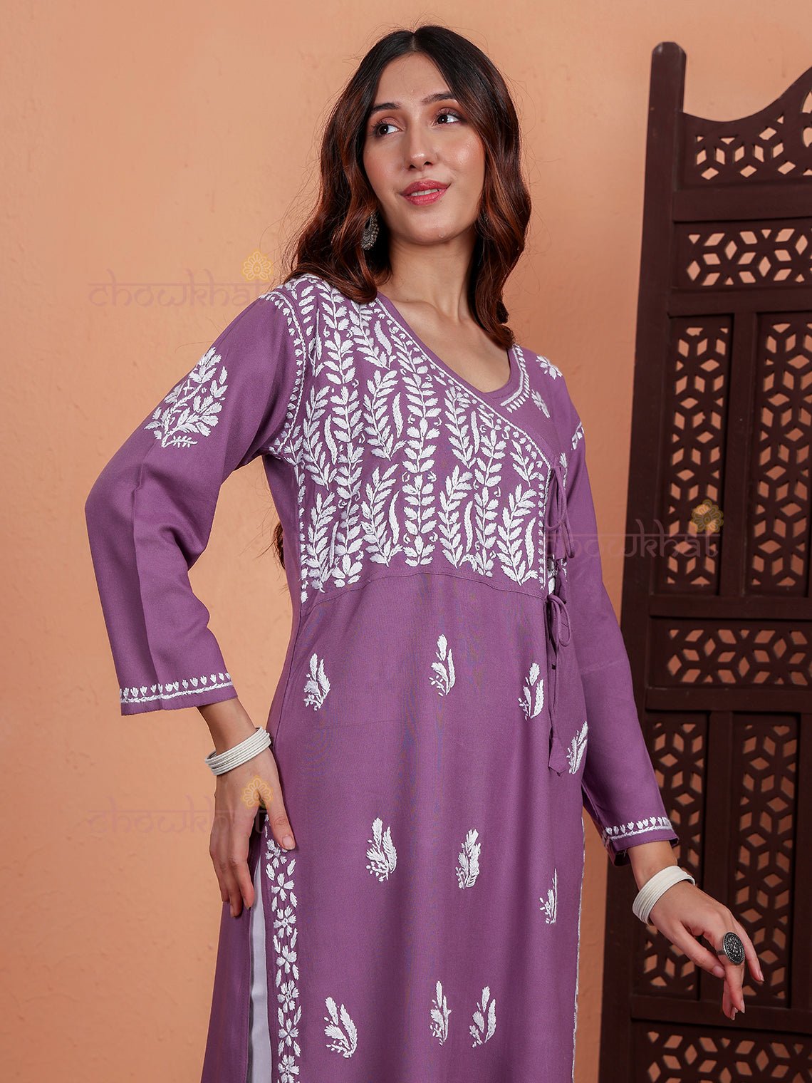 Eshana Angrakha Rayon Chikankari Kurti - Chowkhat Lifestyle