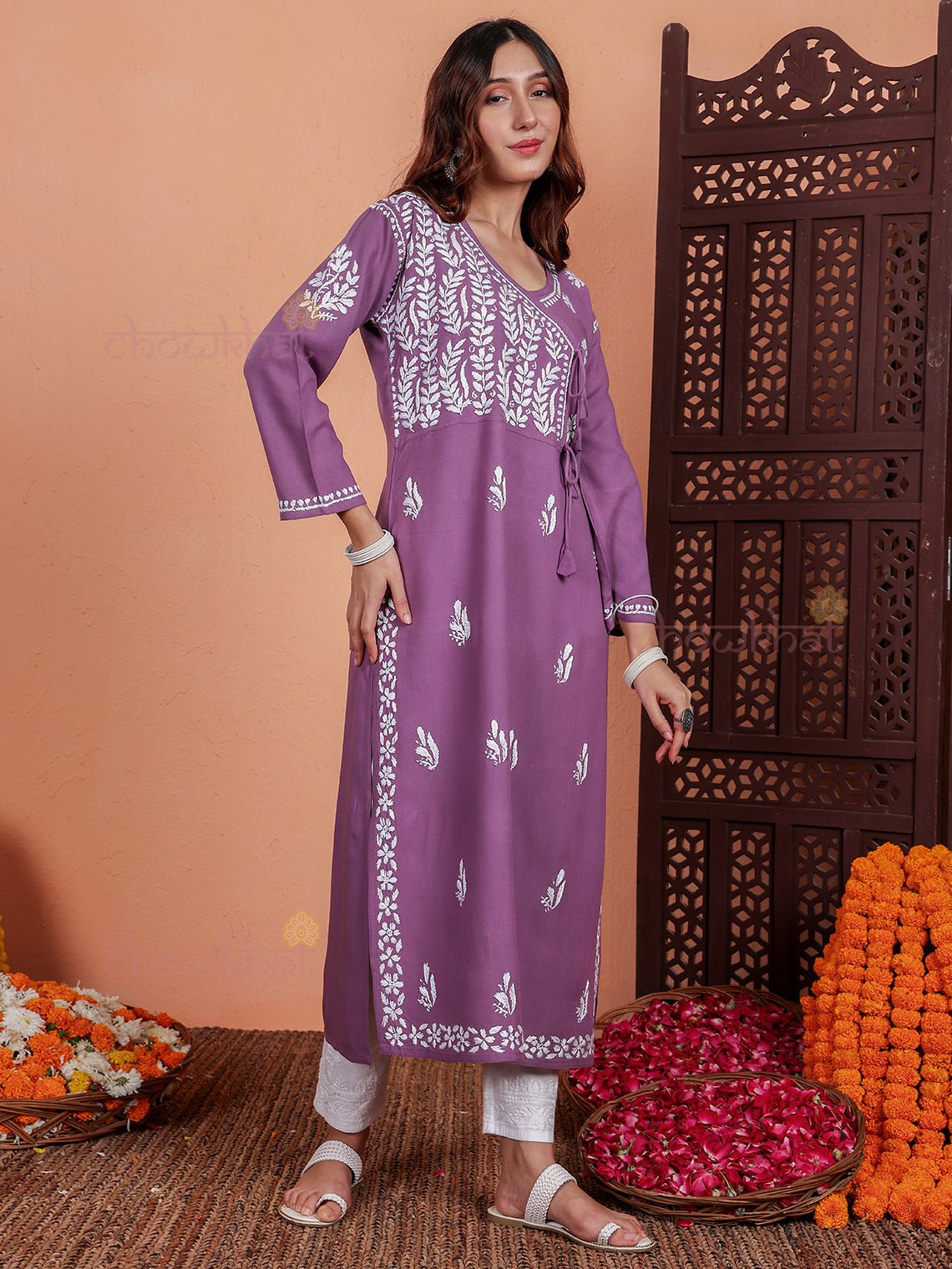 Eshana Angrakha Rayon Chikankari Kurti - Chowkhat Lifestyle