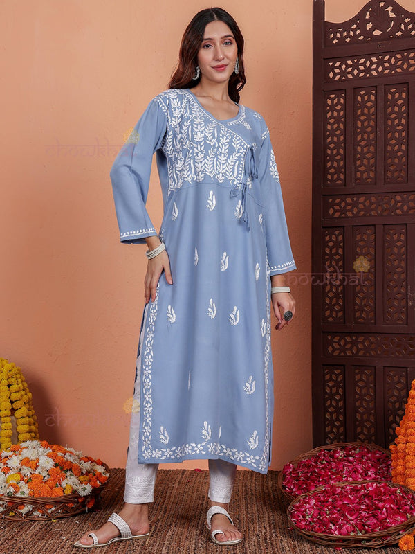 Eshana Angrakha Rayon Chikankari Kurti - Chowkhat Lifestyle