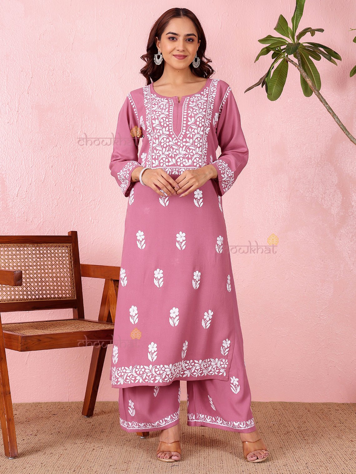 Lara Premium Rayon Straight Chikankari Kurti & Palazzo Set - Chowkhat Lifestyle