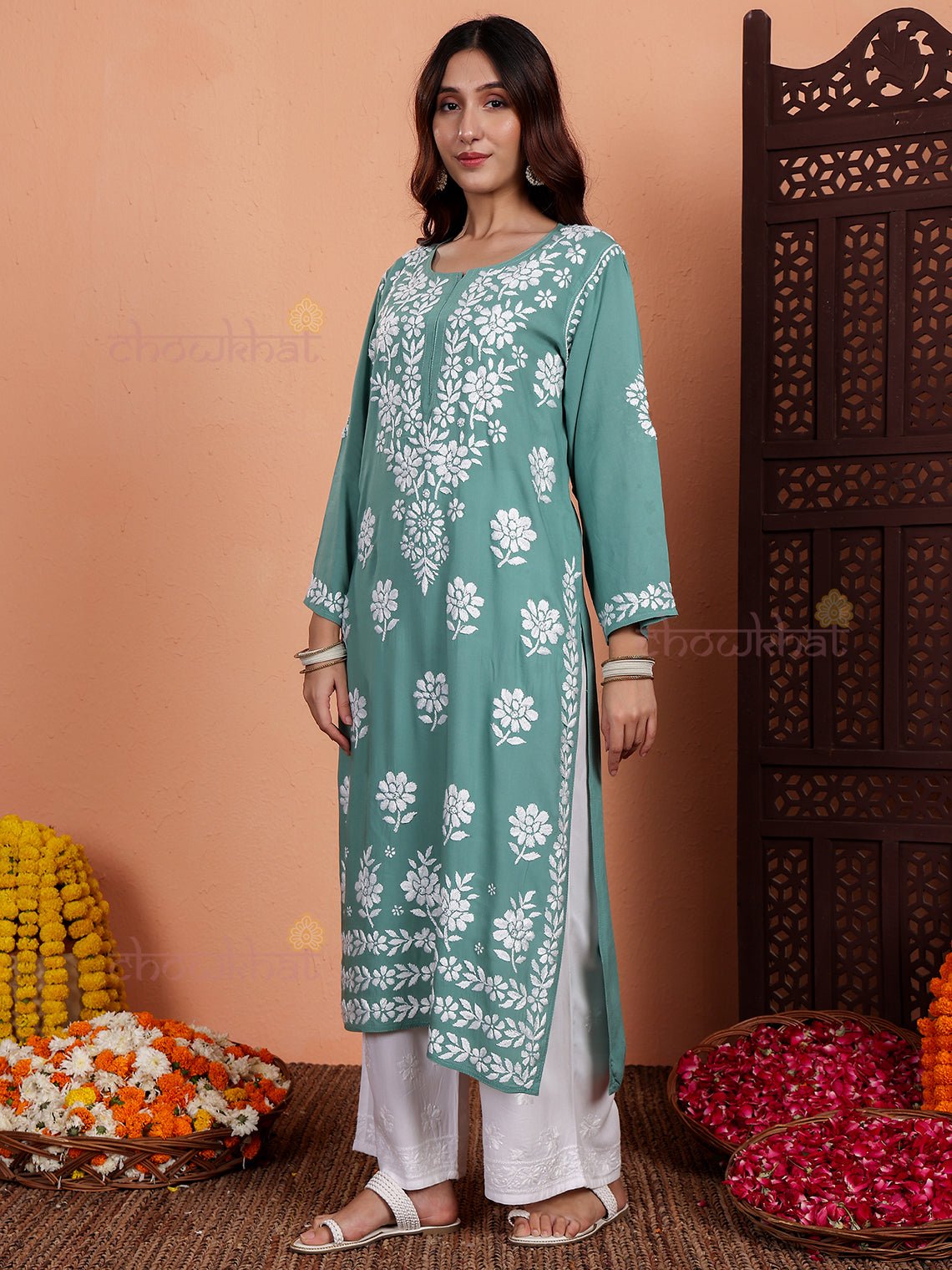 Sirat Premium Modal Straight Chikankari Kurti - Chowkhat Lifestyle