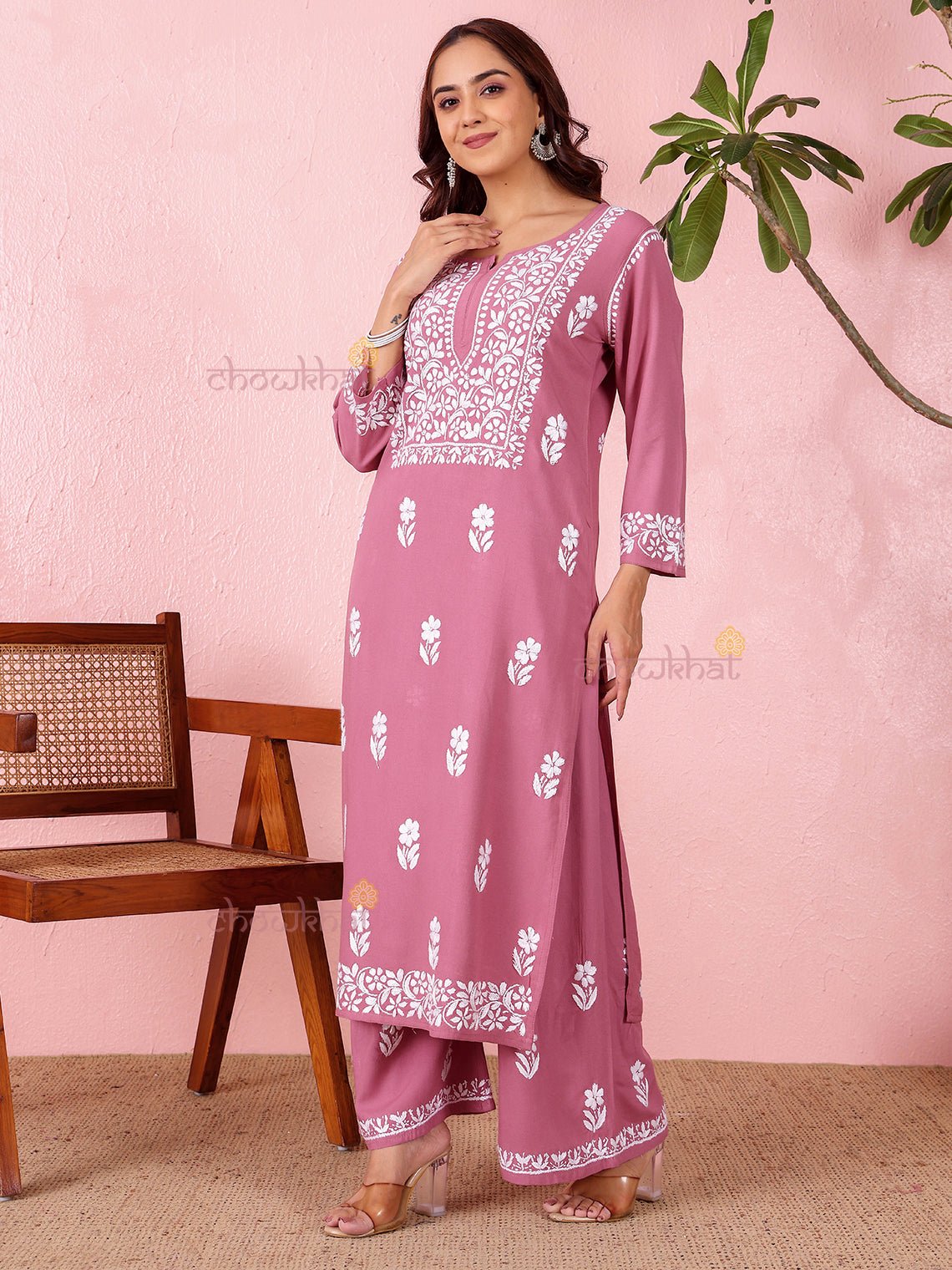 Lara Premium Rayon Straight Chikankari Kurti & Palazzo Set - Chowkhat Lifestyle