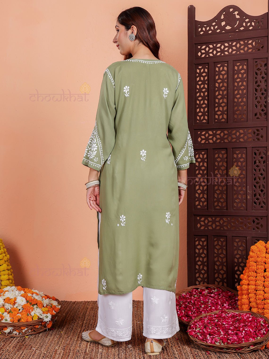 Janya Premium Modal Chikankari Kurti with Lace Detailing - Chowkhat Lifestyle