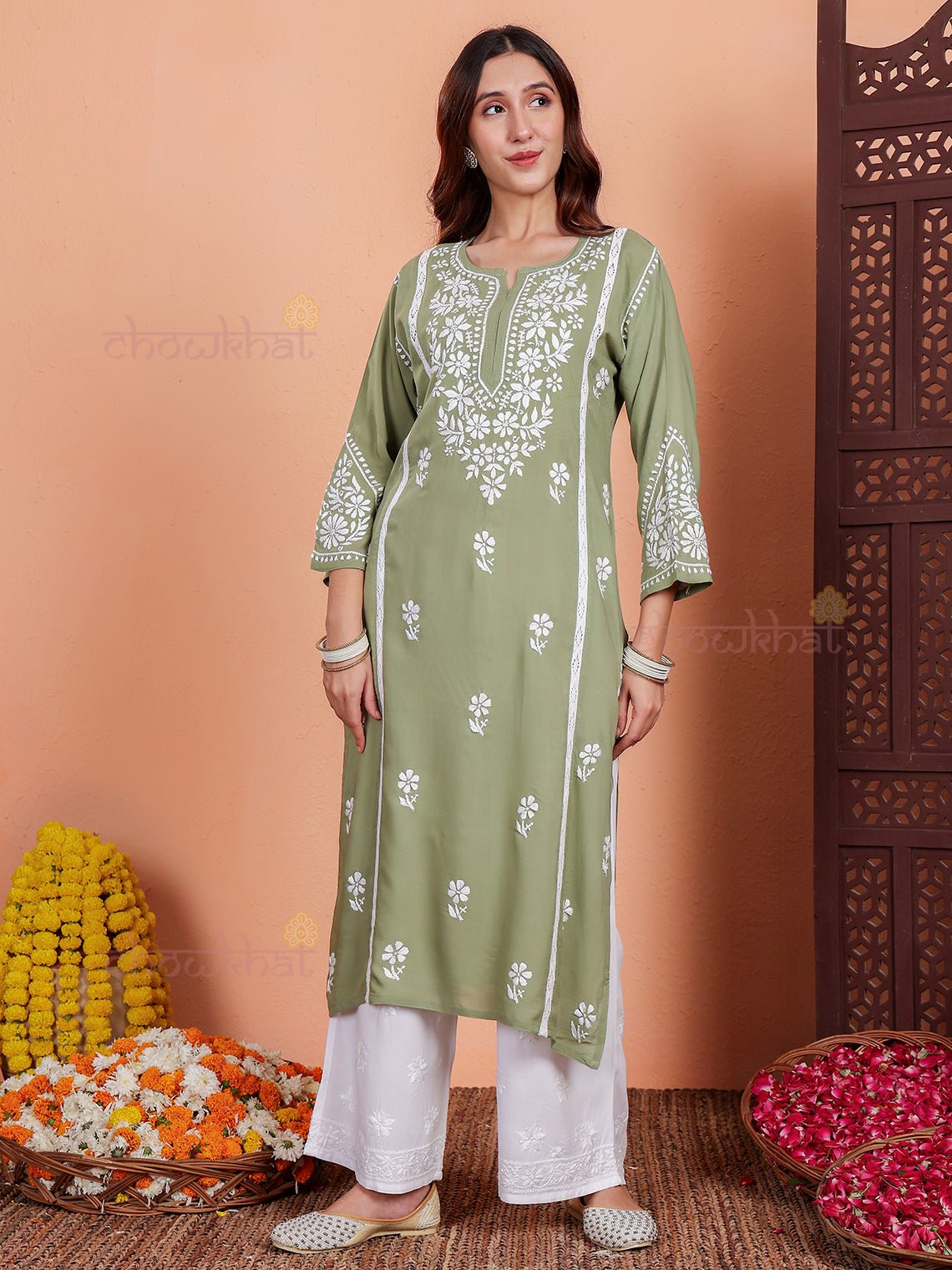 Janya Premium Modal Chikankari Kurti with Lace Detailing - Chowkhat Lifestyle