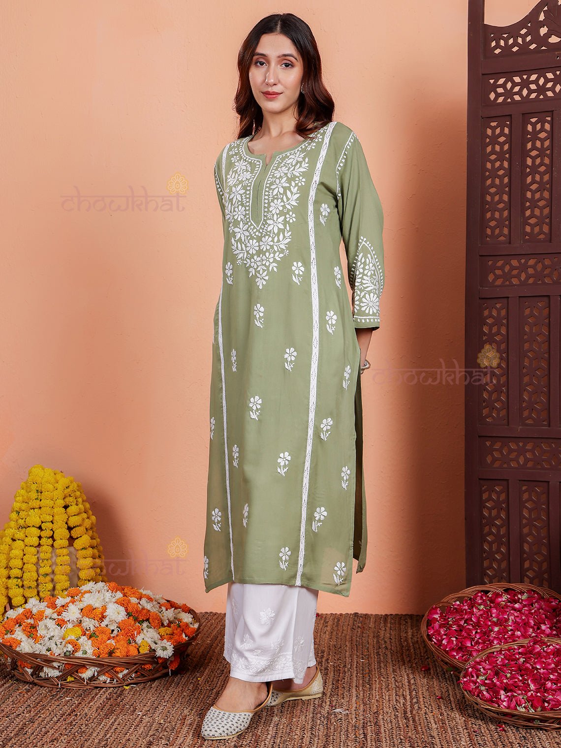 Janya Premium Modal Chikankari Kurti with Lace Detailing - Chowkhat Lifestyle