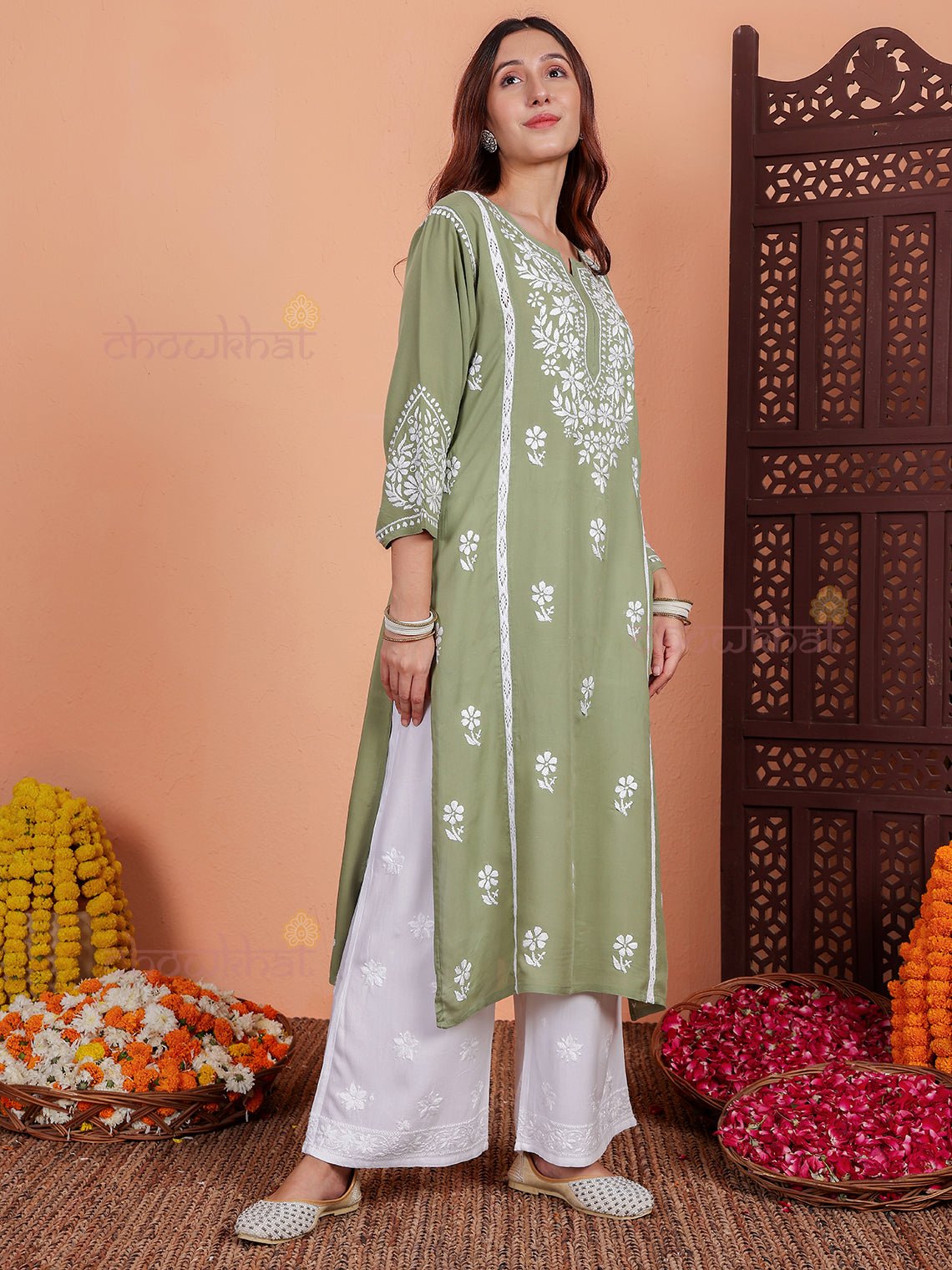 Janya Premium Modal Chikankari Kurti with Lace Detailing - Chowkhat Lifestyle