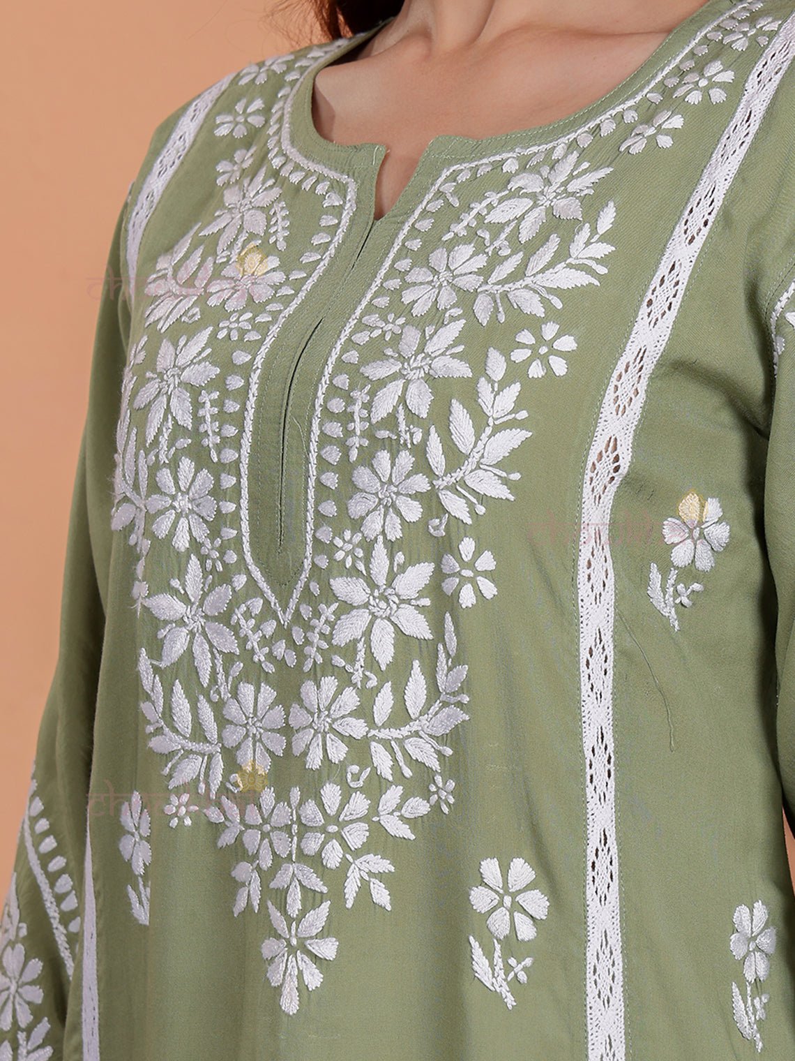 Janya Premium Modal Chikankari Kurti with Lace Detailing - Chowkhat Lifestyle