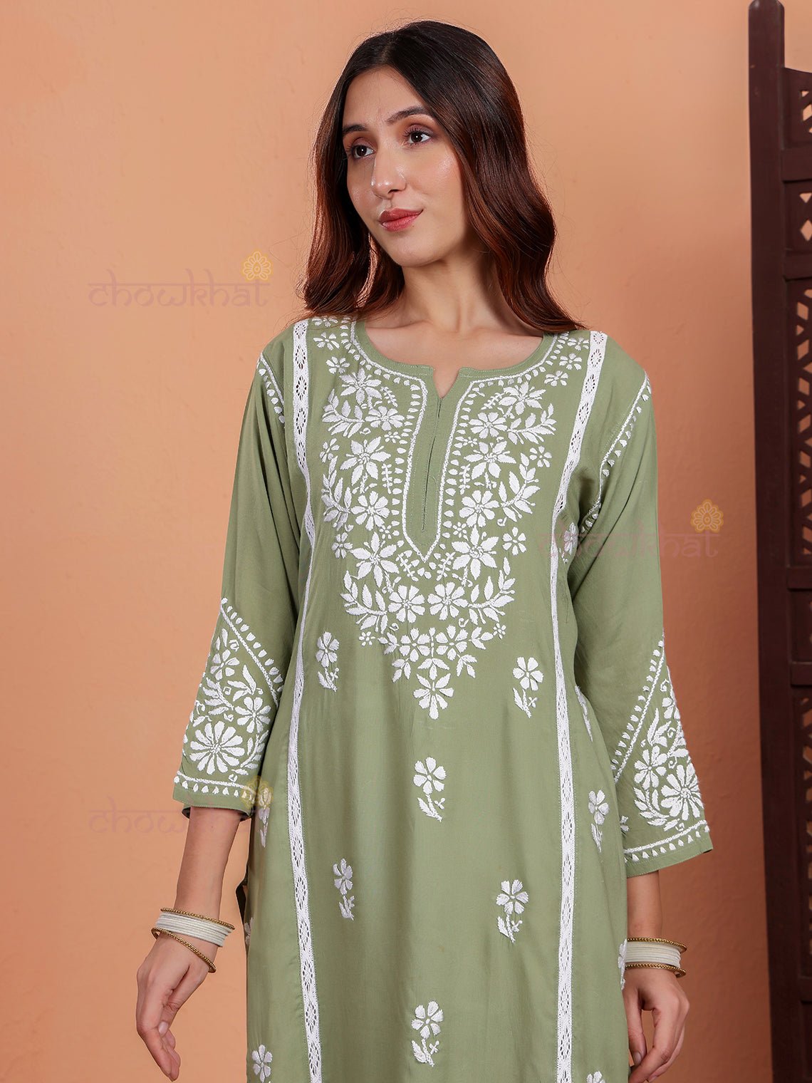 Janya Premium Modal Chikankari Kurti with Lace Detailing - Chowkhat Lifestyle