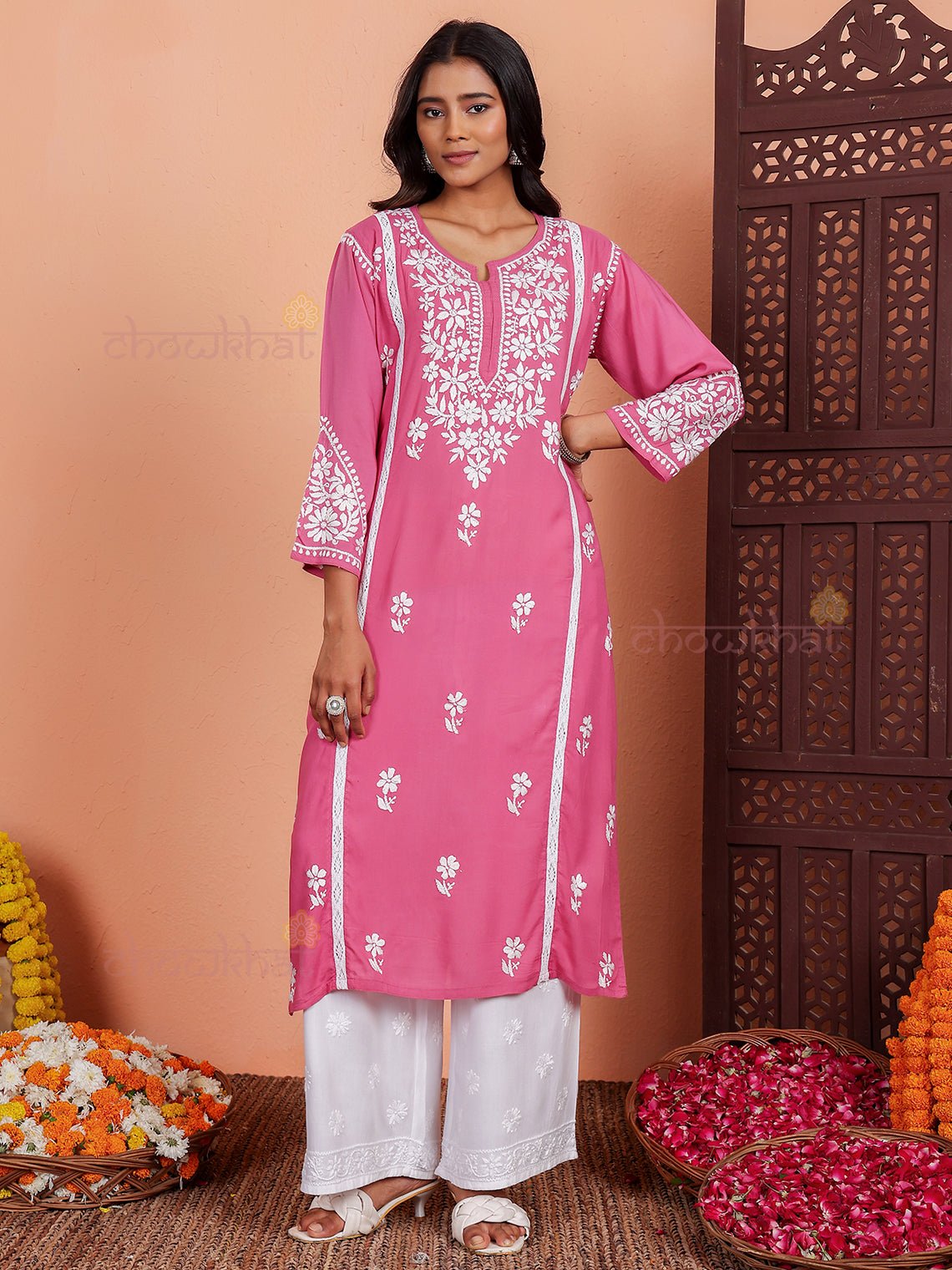 Janya Premium Modal Chikankari Kurti with Lace Detailing - Chowkhat Lifestyle