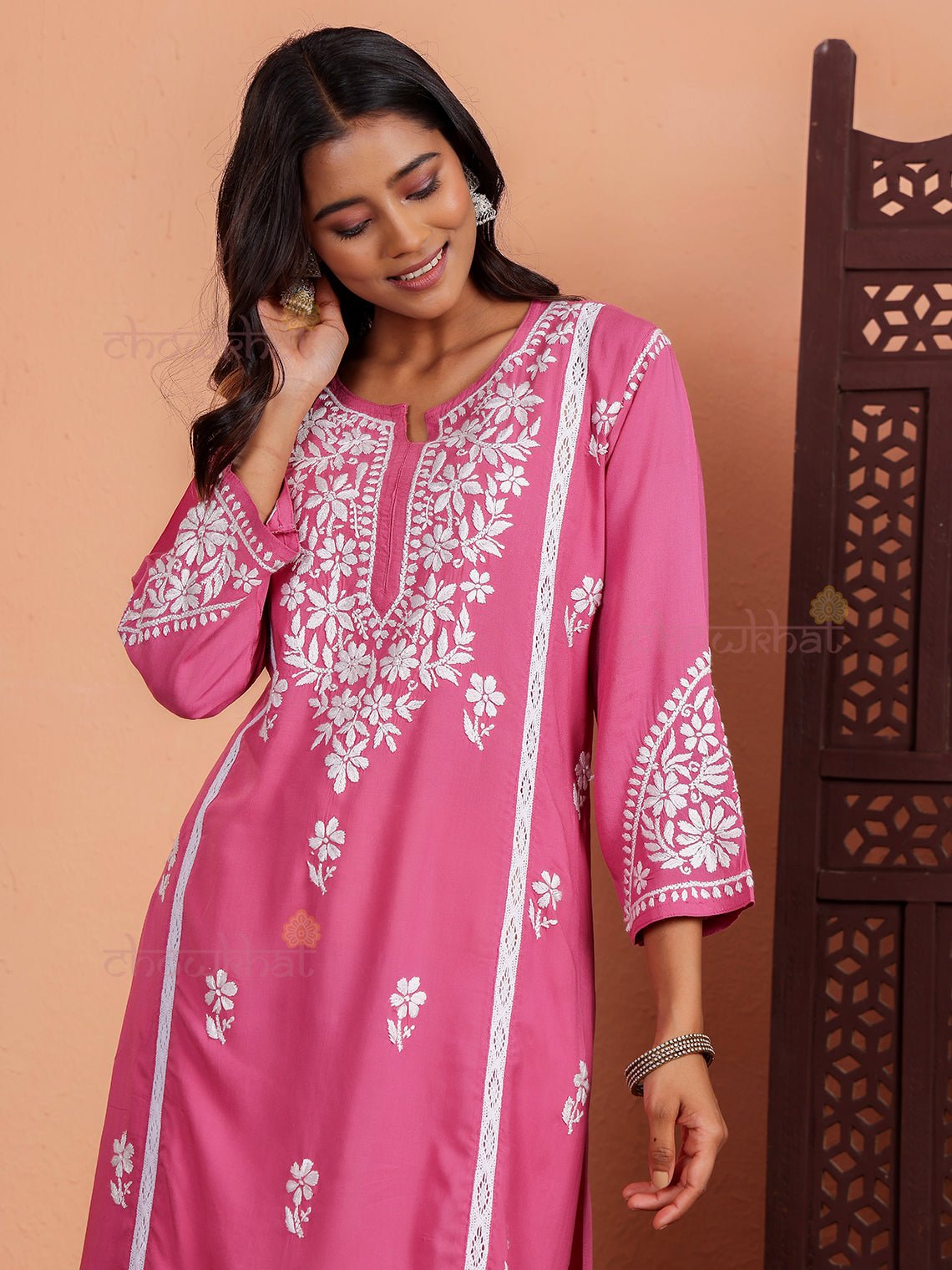 Janya Premium Modal Chikankari Kurti with Lace Detailing - Chowkhat Lifestyle