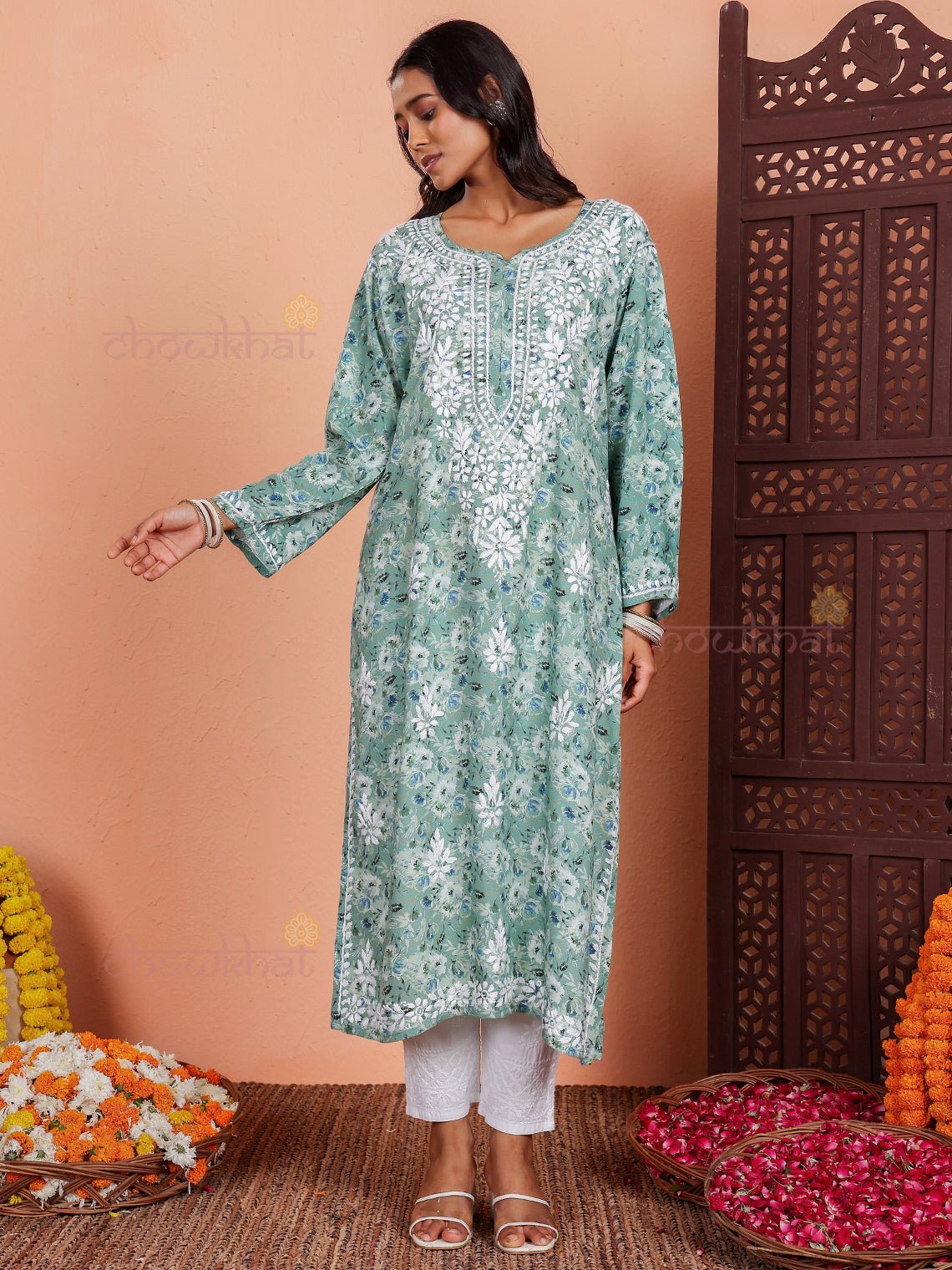 Ishani Rayon Printed Chikankari Straight Kurti - Chowkhat Lifestyle