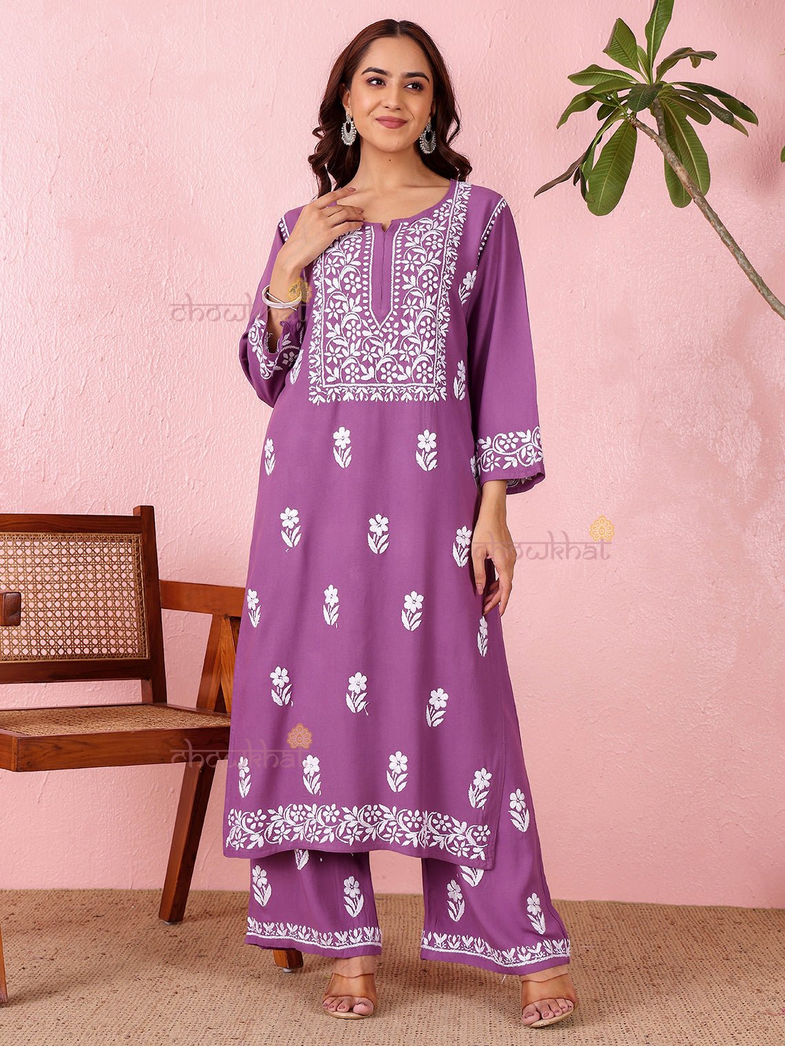 Lara Premium Rayon Straight Chikankari Kurti & Palazzo Set - Chowkhat Lifestyle