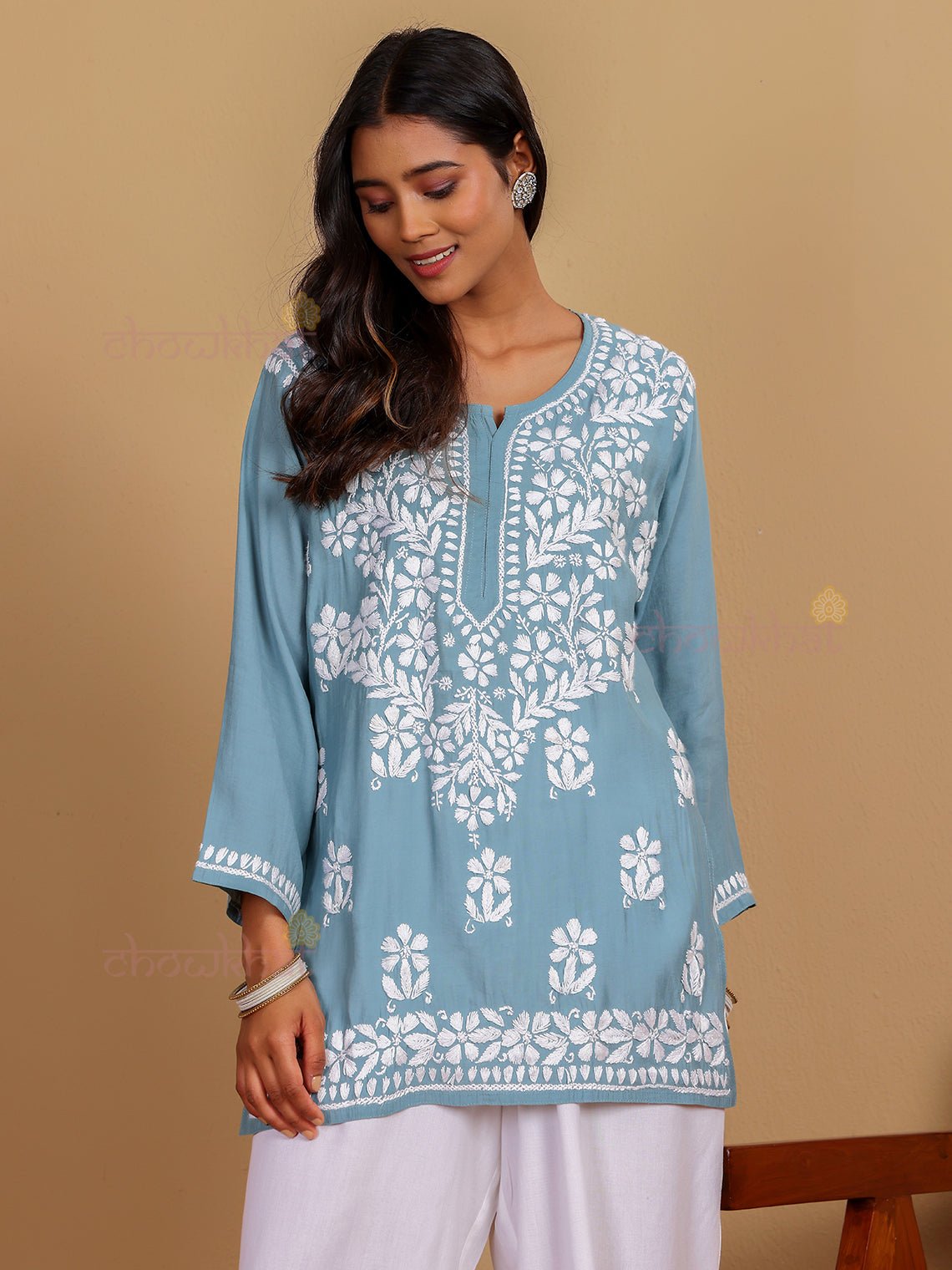 Janvi Premium Chanderi Short Chikankari Kurti - Chowkhat Lifestyle