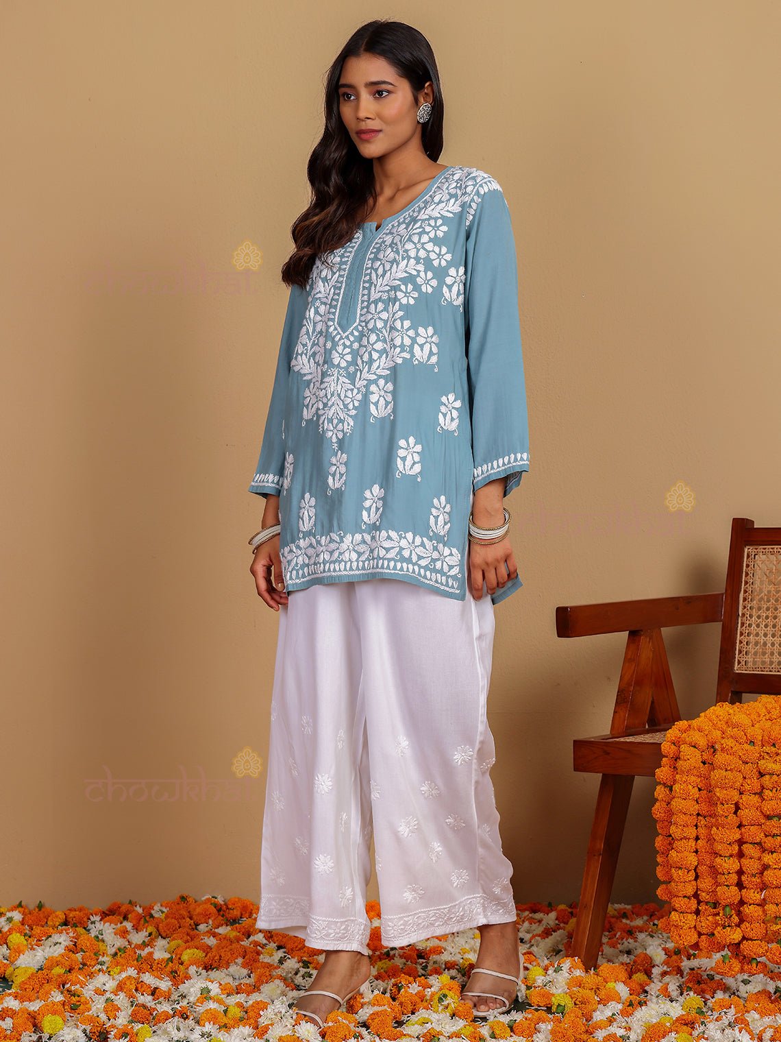 Janvi Premium Chanderi Short Chikankari Kurti - Chowkhat Lifestyle