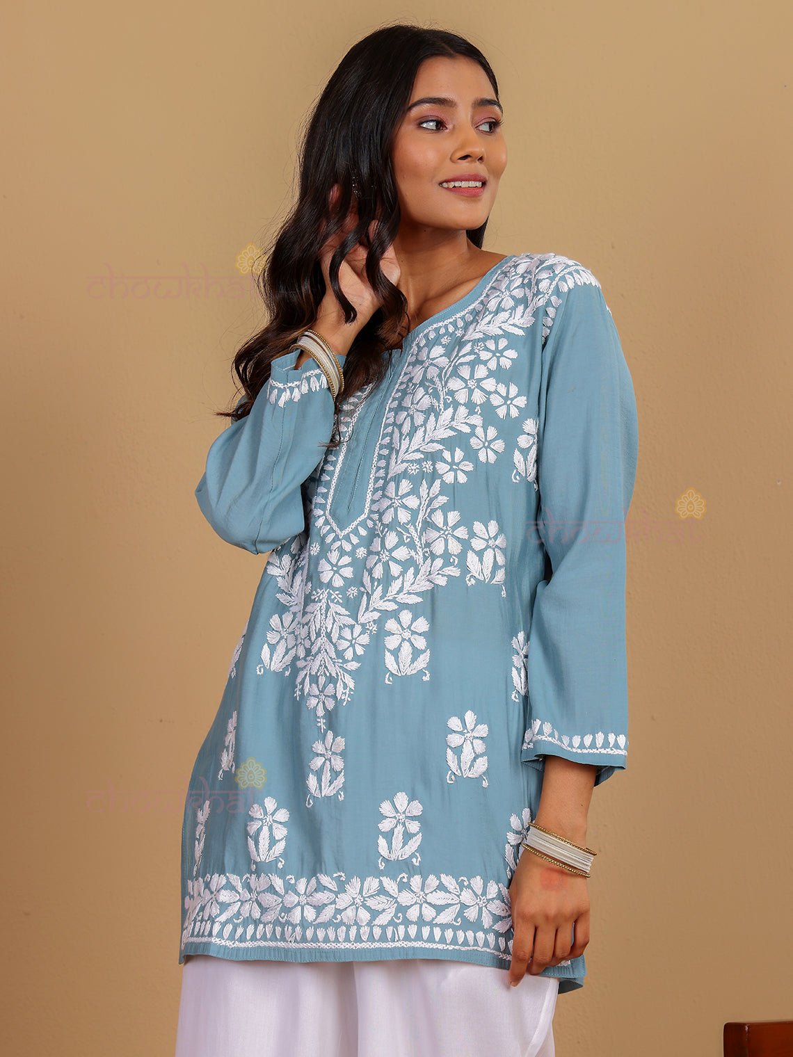 Janvi Premium Chanderi Short Chikankari Kurti - Chowkhat Lifestyle