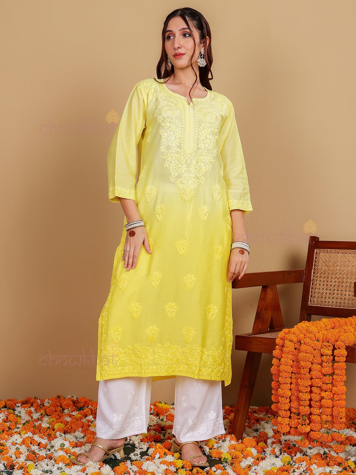 Diya Straight Chanderi Chikankari Kurti - Chowkhat Lifestyle