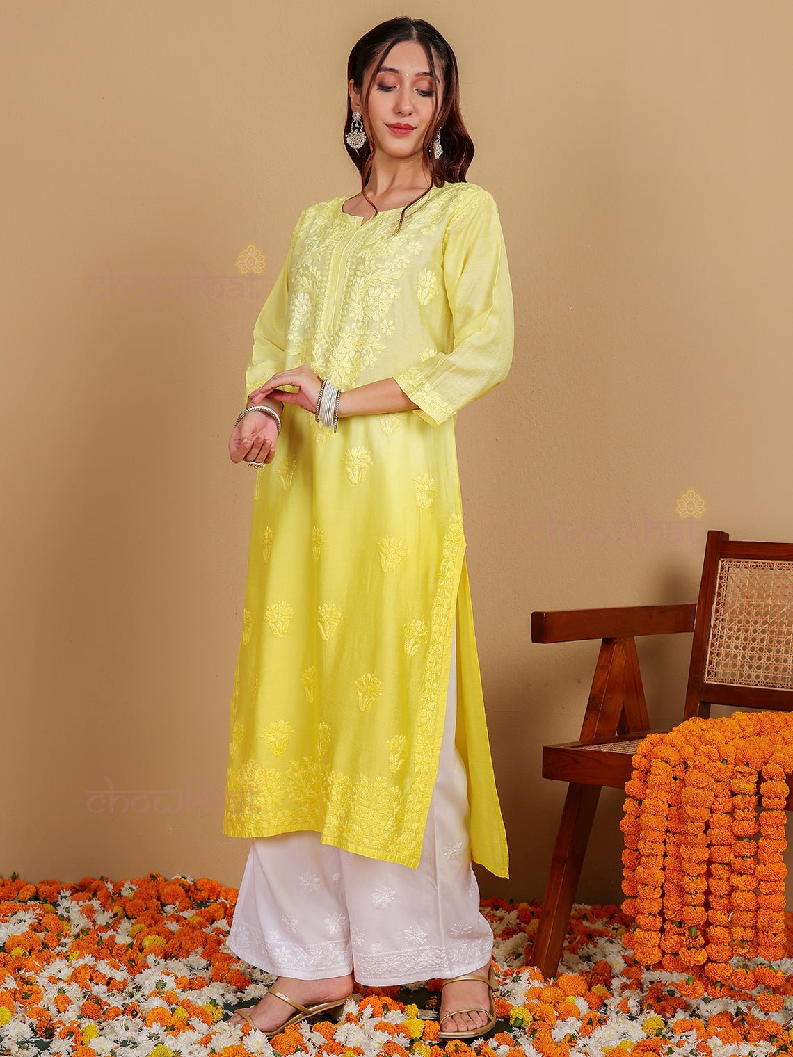 Diya Straight Chanderi Chikankari Kurti - Chowkhat Lifestyle