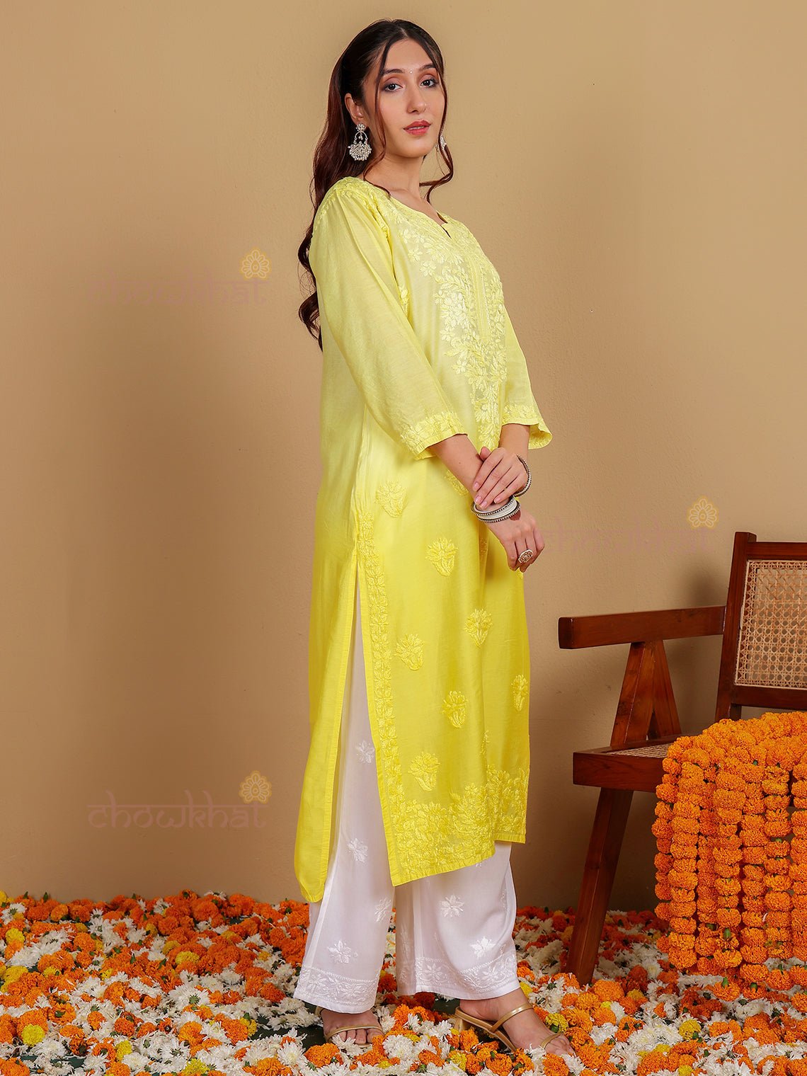 Diya Straight Chanderi Chikankari Kurti - Chowkhat Lifestyle