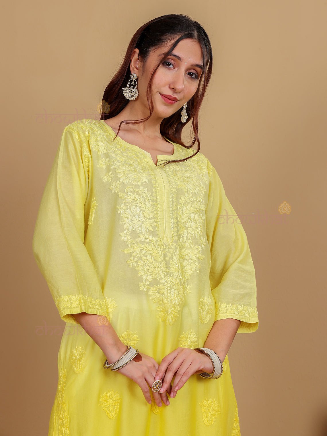 Diya Straight Chanderi Chikankari Kurti - Chowkhat Lifestyle