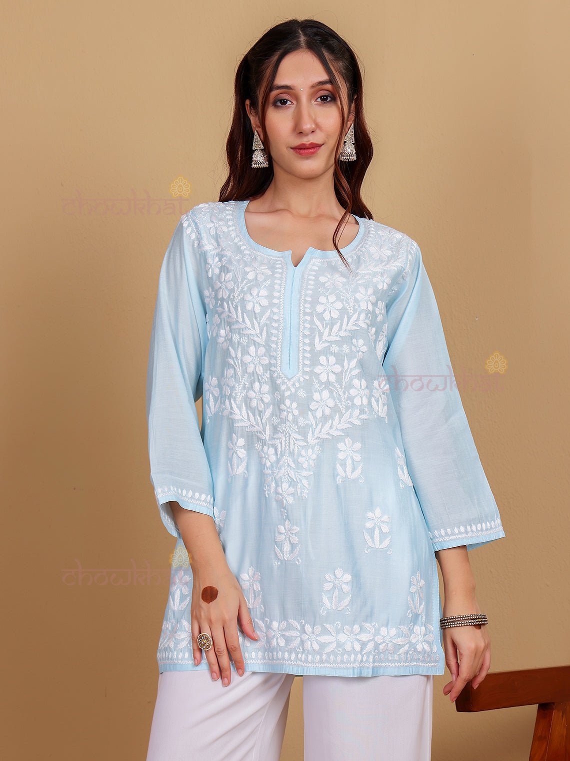 Janvi Premium Chanderi Short Chikankari Kurti - Chowkhat Lifestyle