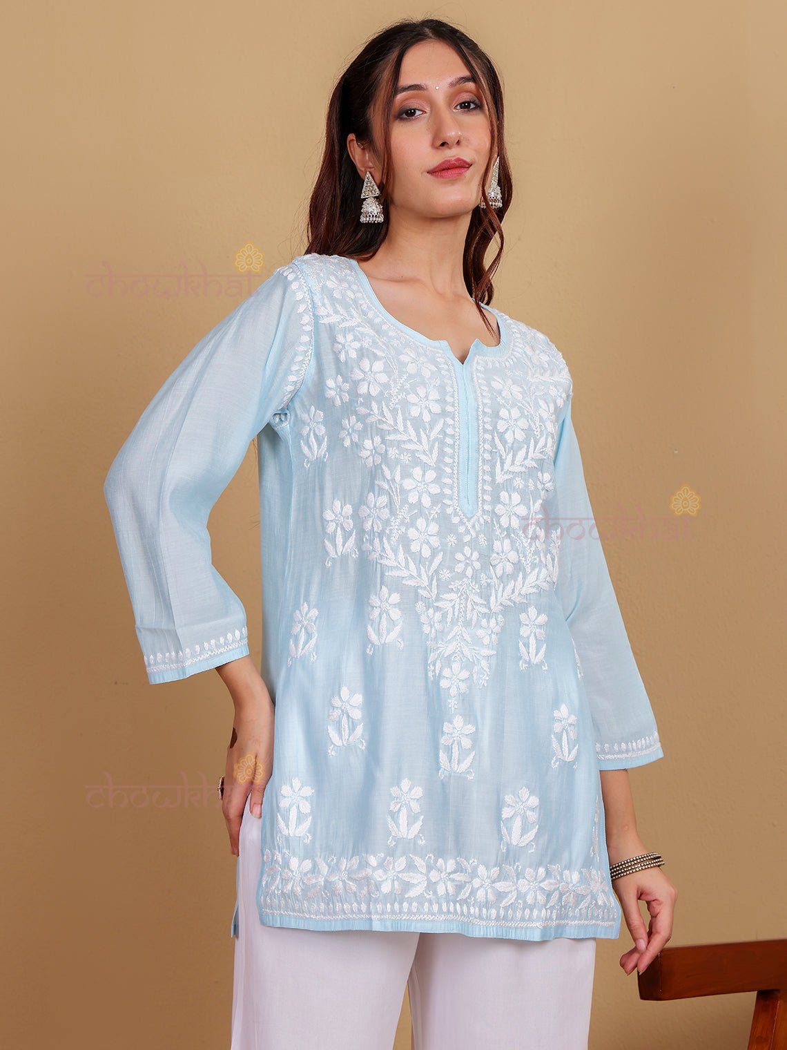 Janvi Premium Chanderi Short Chikankari Kurti - Chowkhat Lifestyle