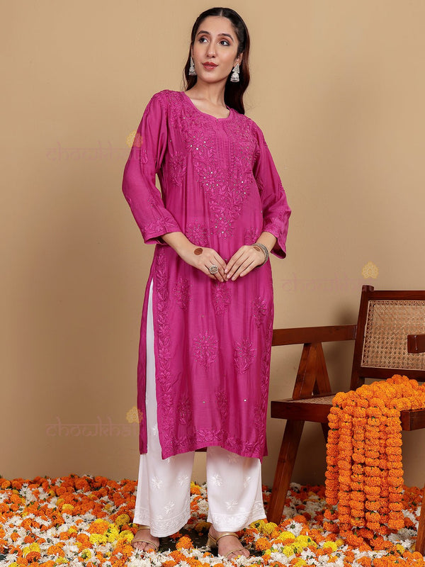 Feba Premium Muslin Chikankari Kurti with Mukaish Work - Pink - Chowkhat Lifestyle