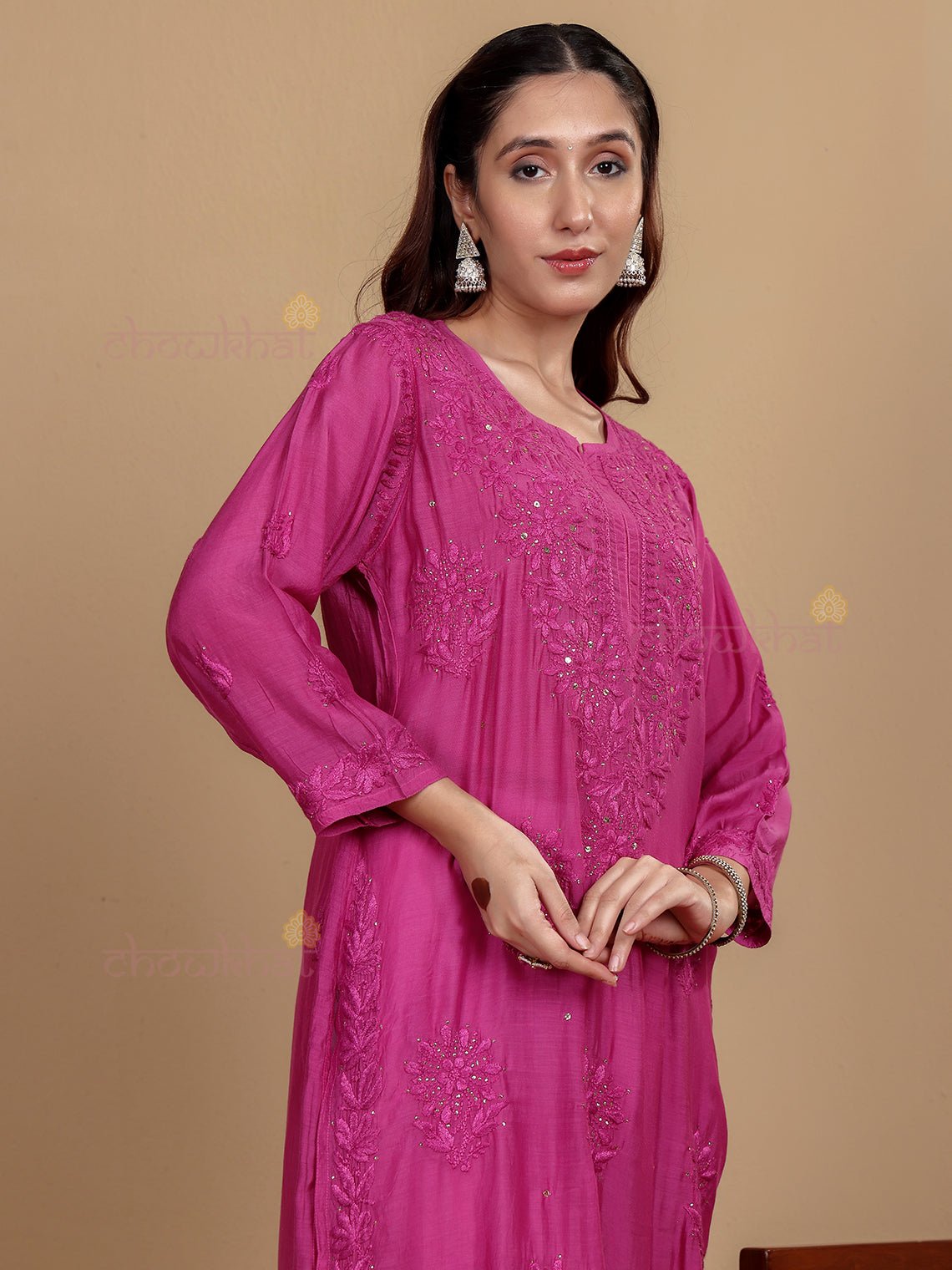 Feba Premium Muslin Chikankari Kurti with Mukaish Work - Pink - Chowkhat Lifestyle