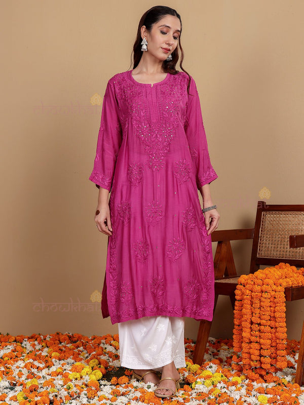 Feba Premium Muslin Chikankari Kurti with Mukaish Work - Pink - Chowkhat Lifestyle