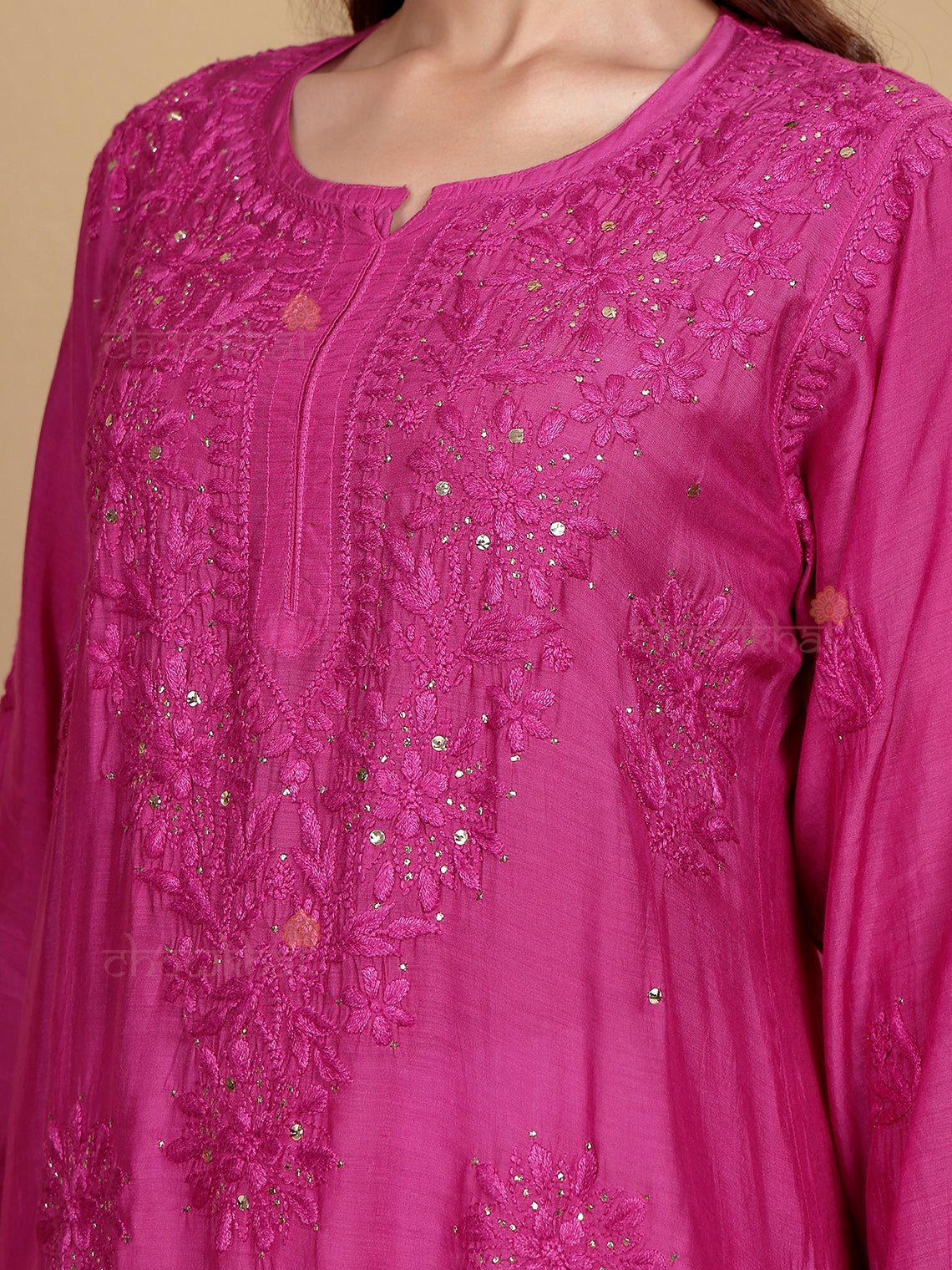 Feba Premium Muslin Chikankari Kurti with Mukaish Work - Pink - Chowkhat Lifestyle