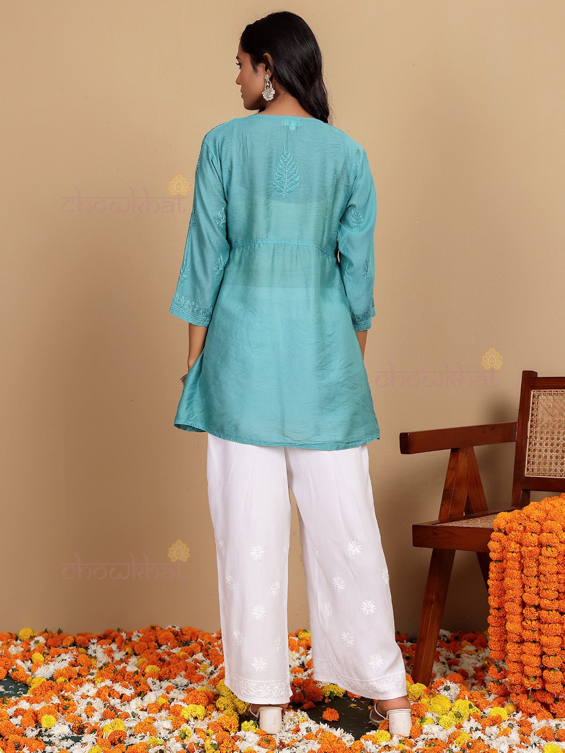 Salma Short Premium Chanderi Chikankari Kurti with Tying Knot - Chowkhat Lifestyle